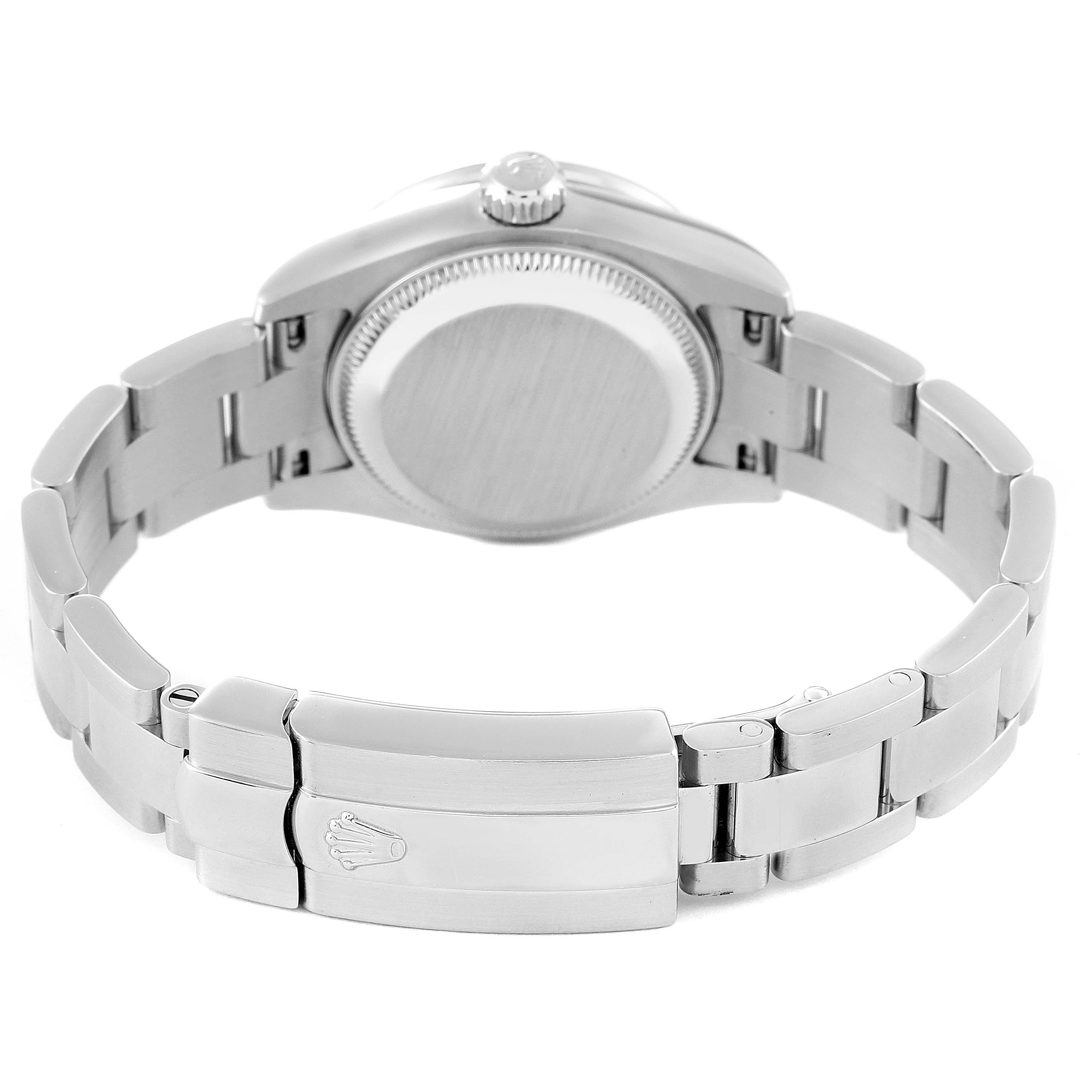 This image shows the back view of the Rolex Datejust 179384 Women's Stainless Steel Pink Dial 179384 Women's Stainless Steel Pink Dial watch, highlighting the clasp, bracelet, and case back.