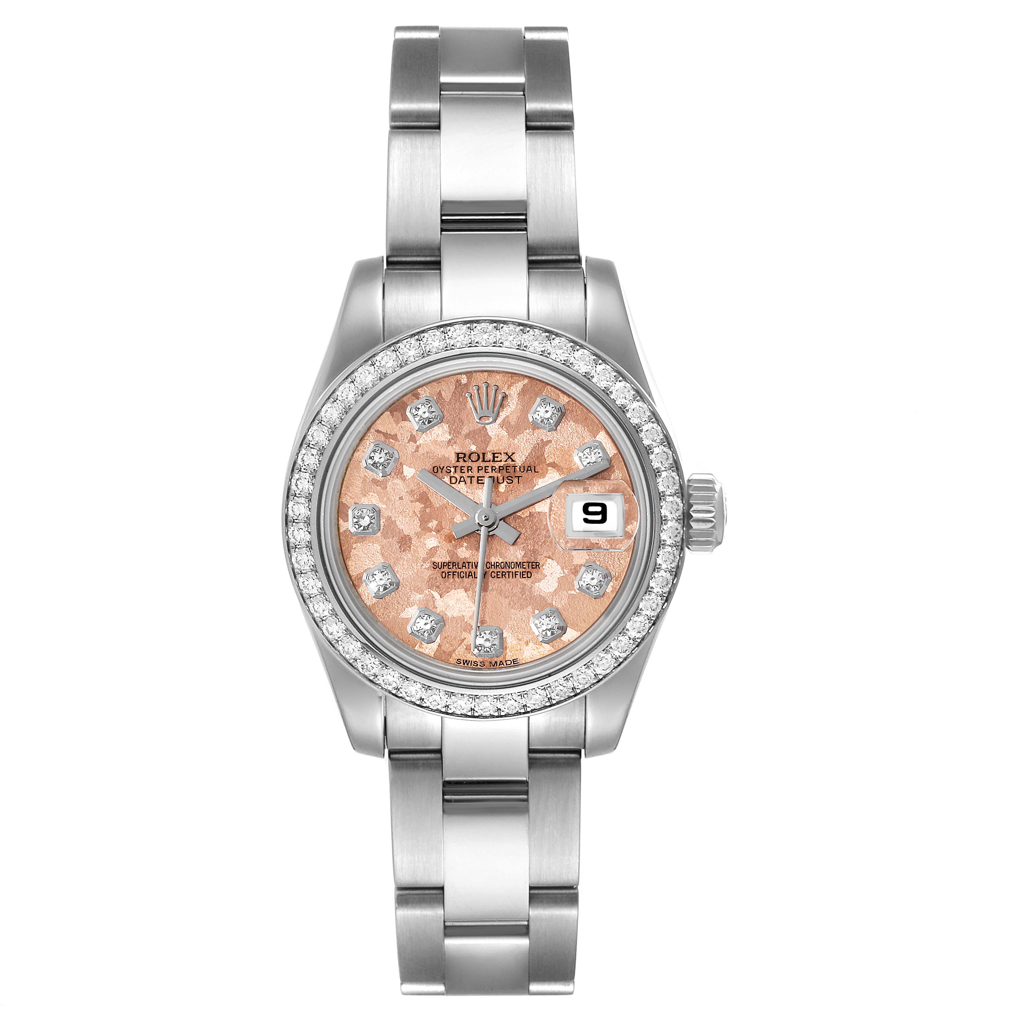 The Rolex Datejust 179384 Women's Stainless Steel Pink Dial 179384 Women's Stainless Steel Pink Dial watch is shown from the front, highlighting the face, bezel, bracelet, and crown.