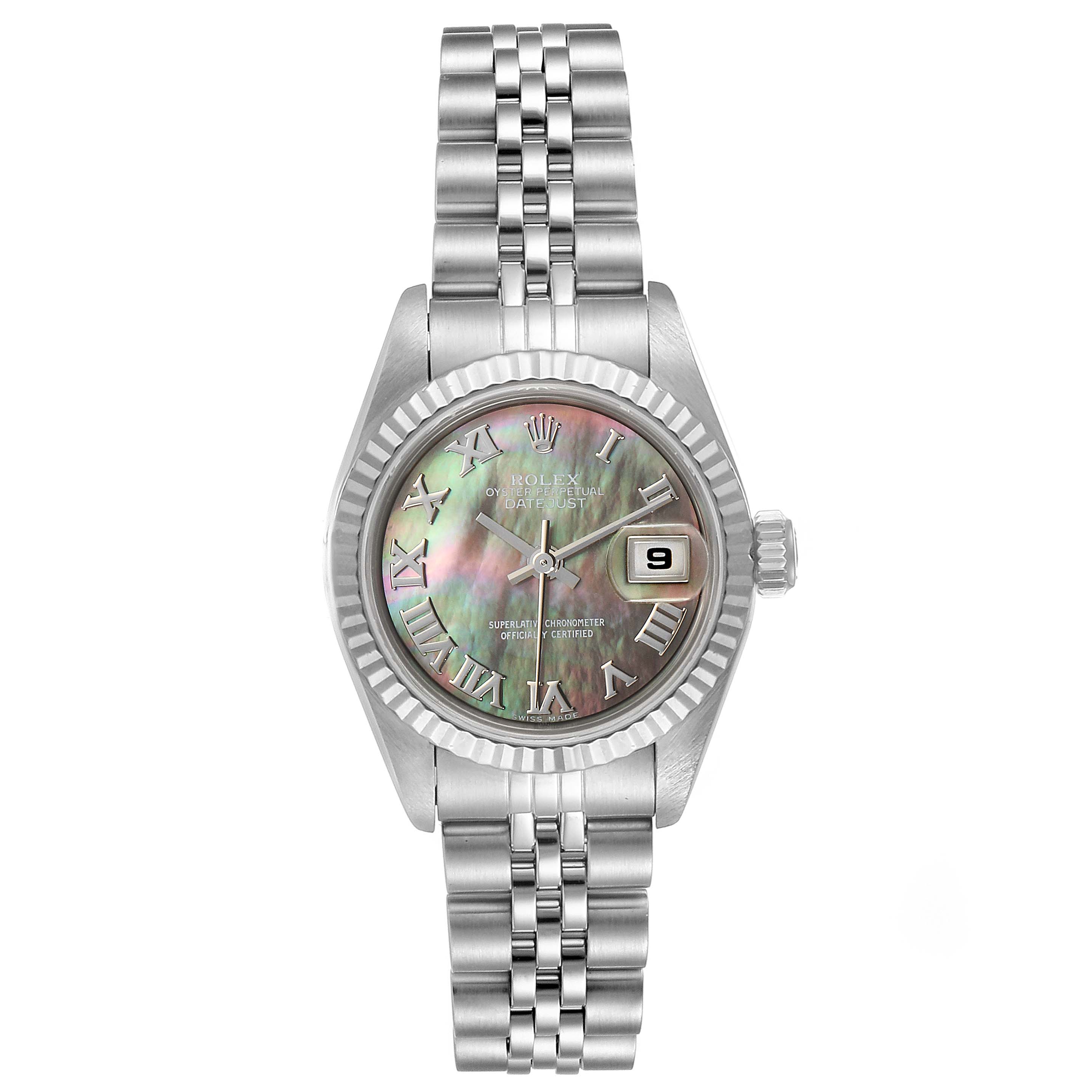 The image shows a front view of a Rolex Datejust 69174 Women's Stainless Steel Mother of Pearl Dial 69174 Women's Stainless Steel Mother of Pearl Dial watch, highlighting its dial, bezel, bracelet, and date window.