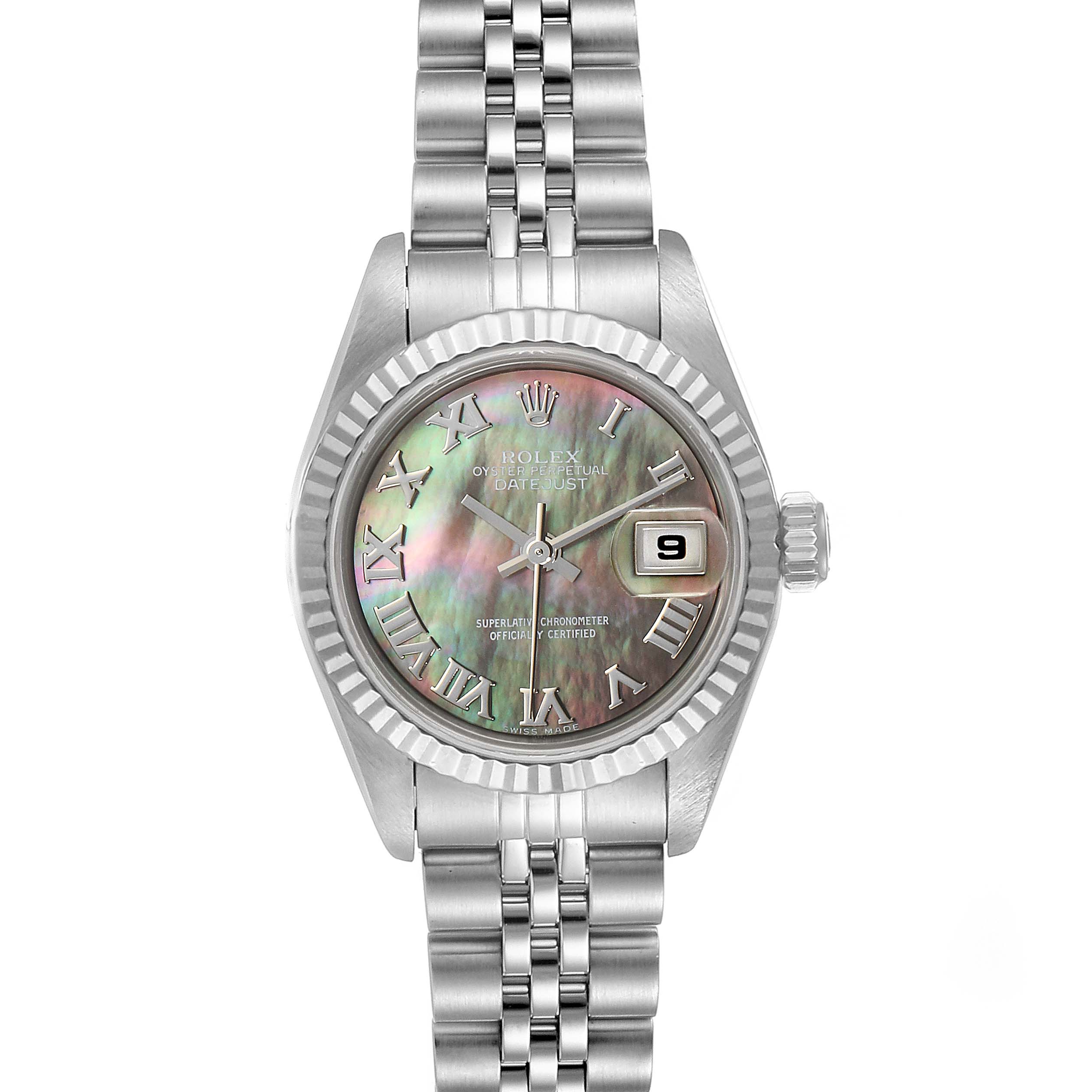 The image shows a frontal view of a Rolex Datejust 69174 Women's Stainless Steel Mother of Pearl Dial 69174 Women's Stainless Steel Mother of Pearl Dial, highlighting its dial, bezel, and bracelet.