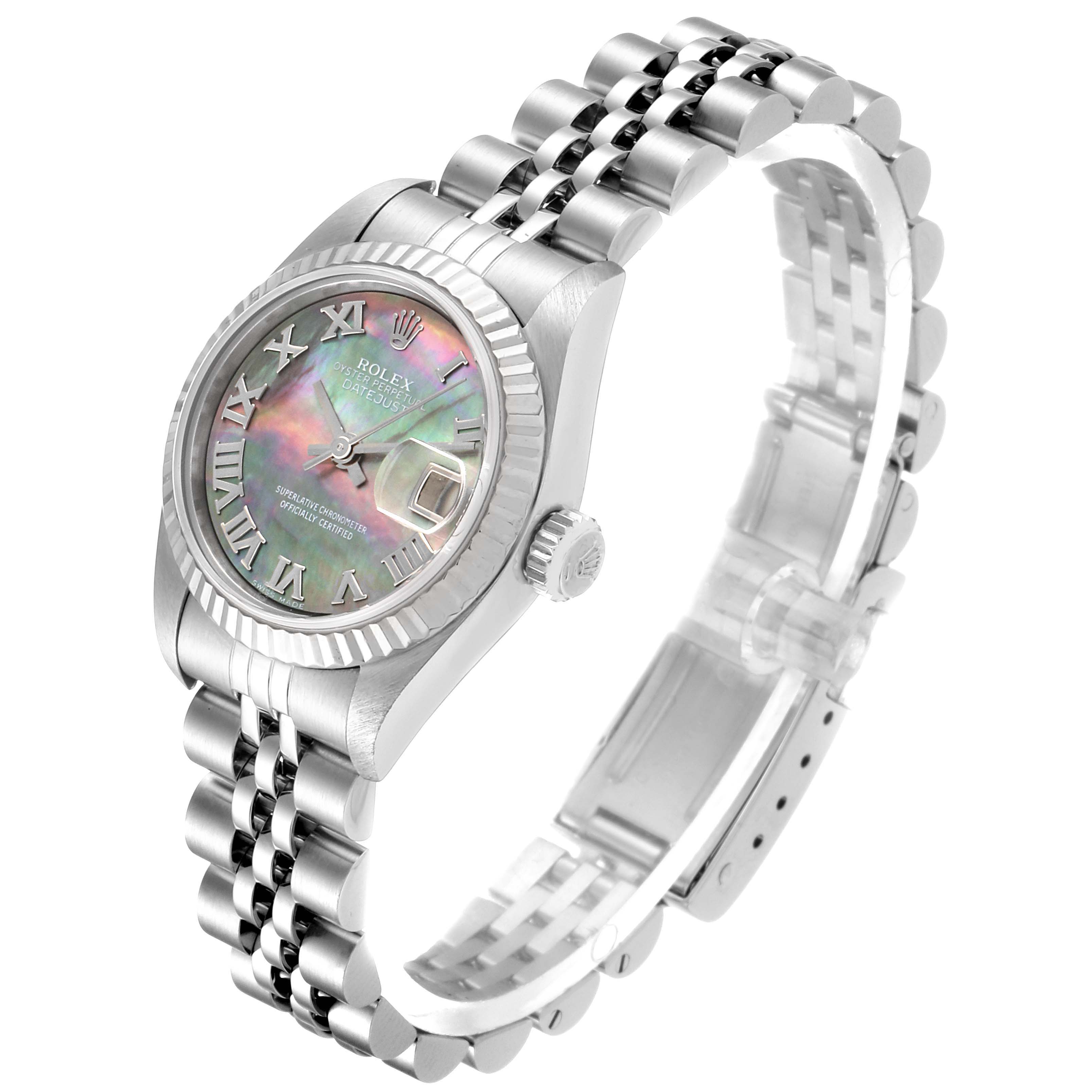 This image shows a Rolex Datejust 69174 Women's Stainless Steel Mother of Pearl Dial 69174 Women's Stainless Steel Mother of Pearl Dial watch at a three-quarter angle, highlighting the dial, bezel, crown, and bracelet.