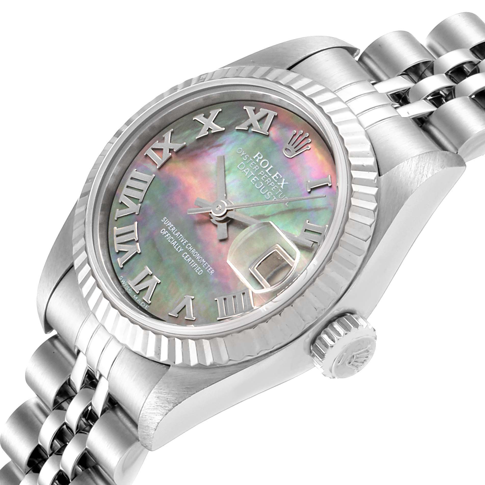 The image shows a close-up angled view of the Rolex Datejust 69174 Women's Stainless Steel Mother of Pearl Dial 69174 Women's Stainless Steel Mother of Pearl Dial watch, focusing on the dial, bezel, and part of the bracelet.