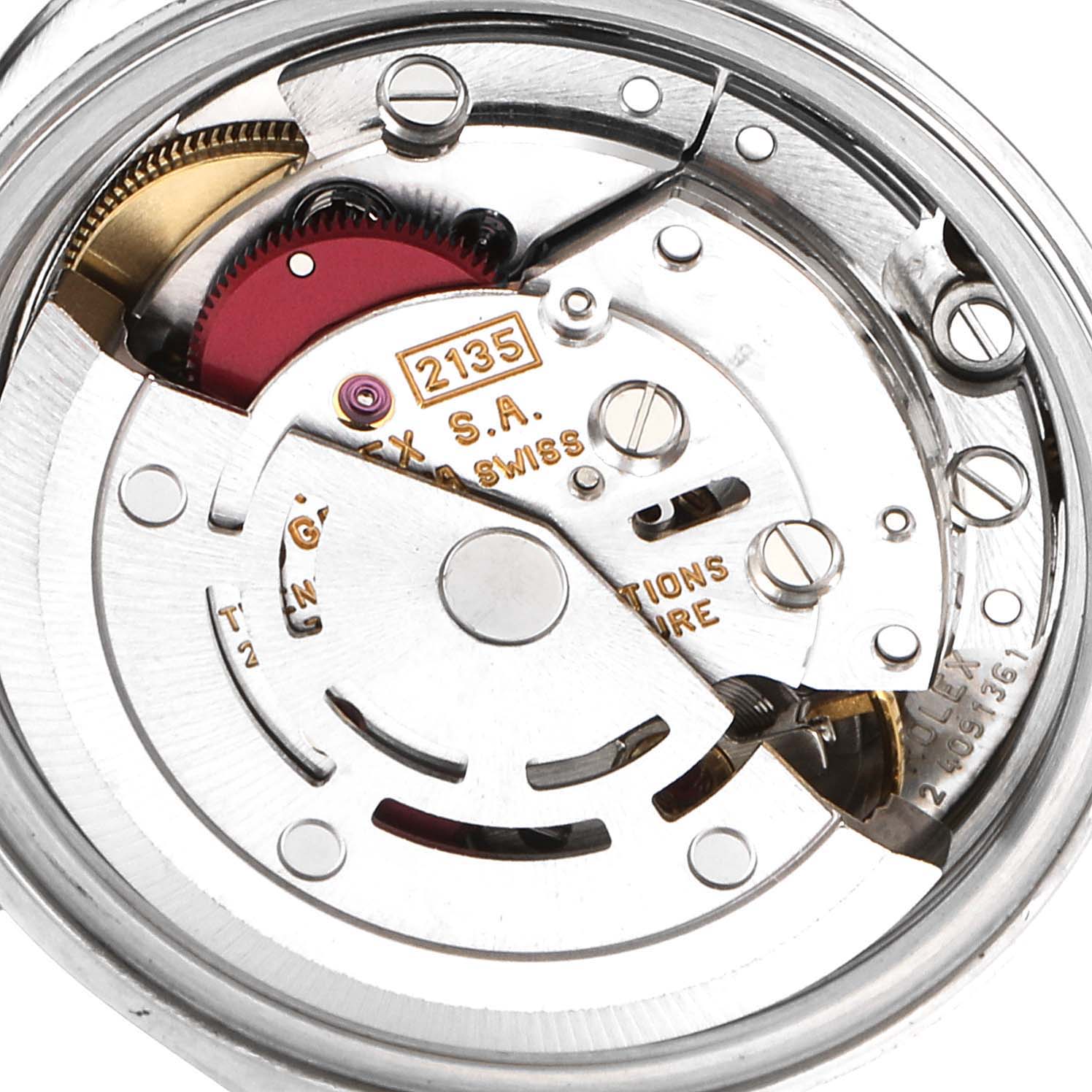 This image shows the internal movement components of the Rolex Datejust 69174 Women's Stainless Steel Mother of Pearl Dial 69174 Women's Stainless Steel Mother of Pearl Dial watch at a close-up angle.