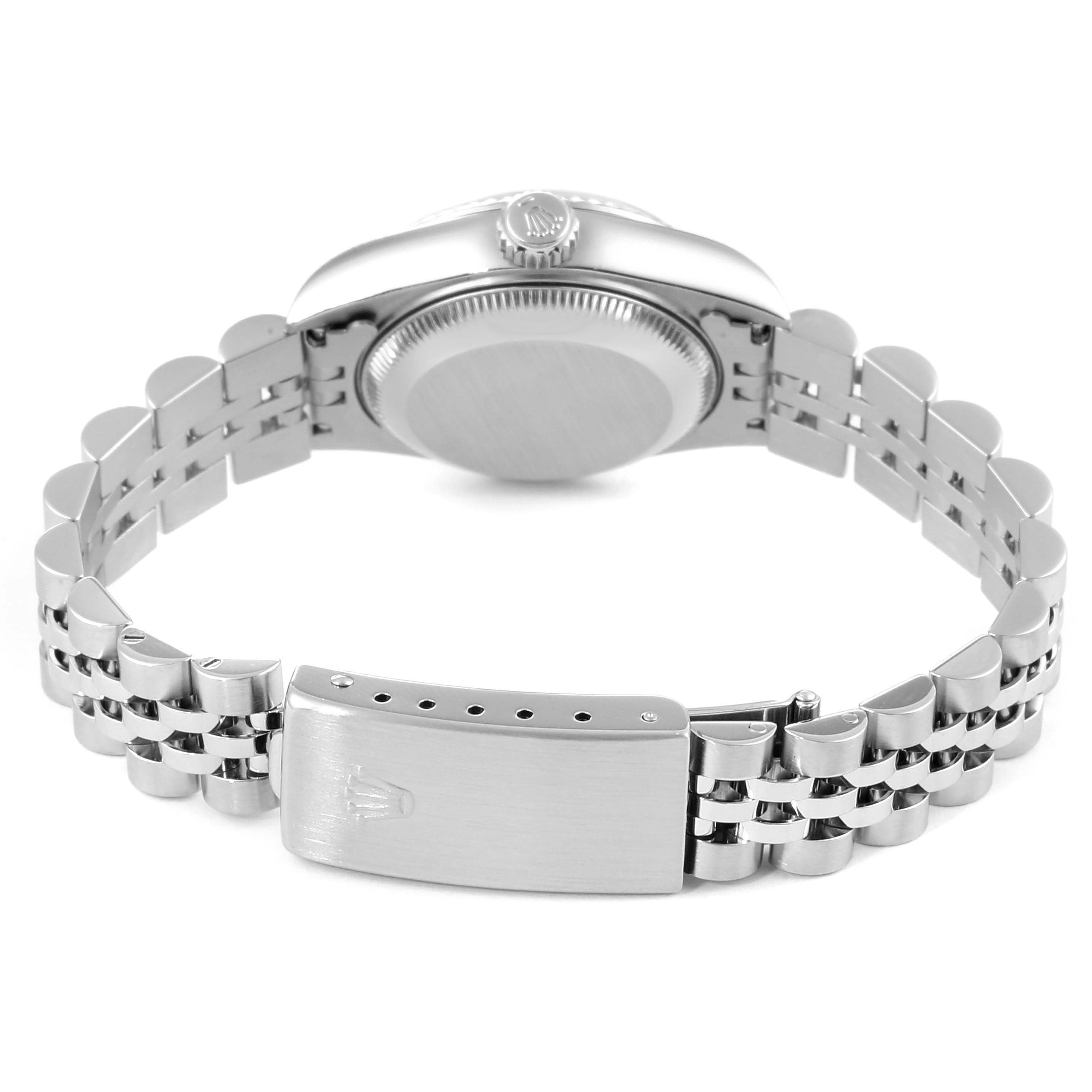 The image shows the back and side view of a Rolex Datejust 69174 Women's Stainless Steel Mother of Pearl Dial 69174 Women's Stainless Steel Mother of Pearl Dial watch, focusing on the case back, crown, and bracelet clasp.