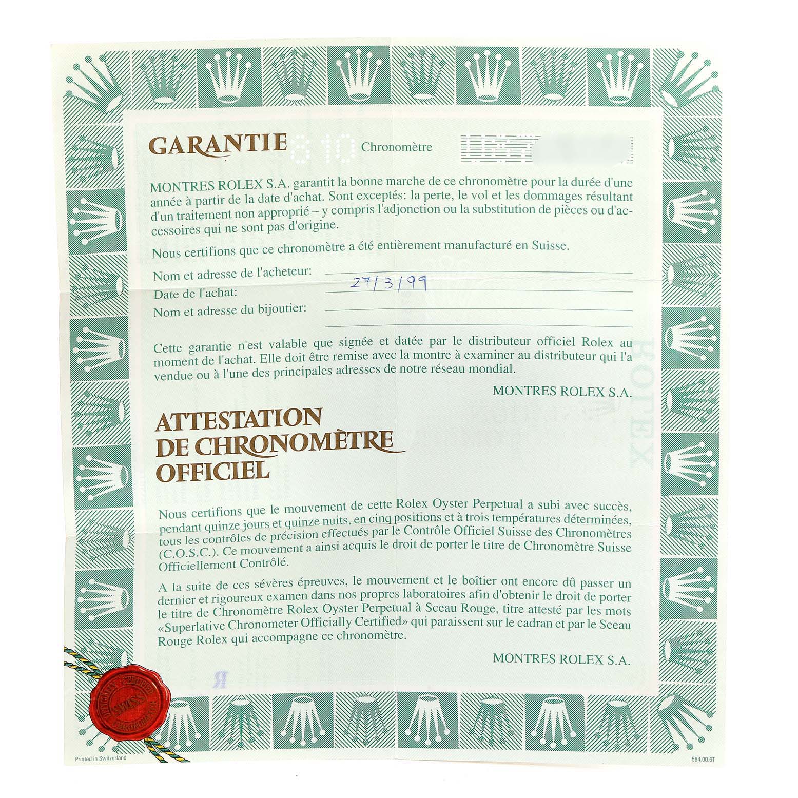 This image shows a guarantee and official chronometer certificate for a Rolex Datejust 69174 Women's Stainless Steel Mother of Pearl Dial 69174 Women's Stainless Steel Mother of Pearl Dial watch.