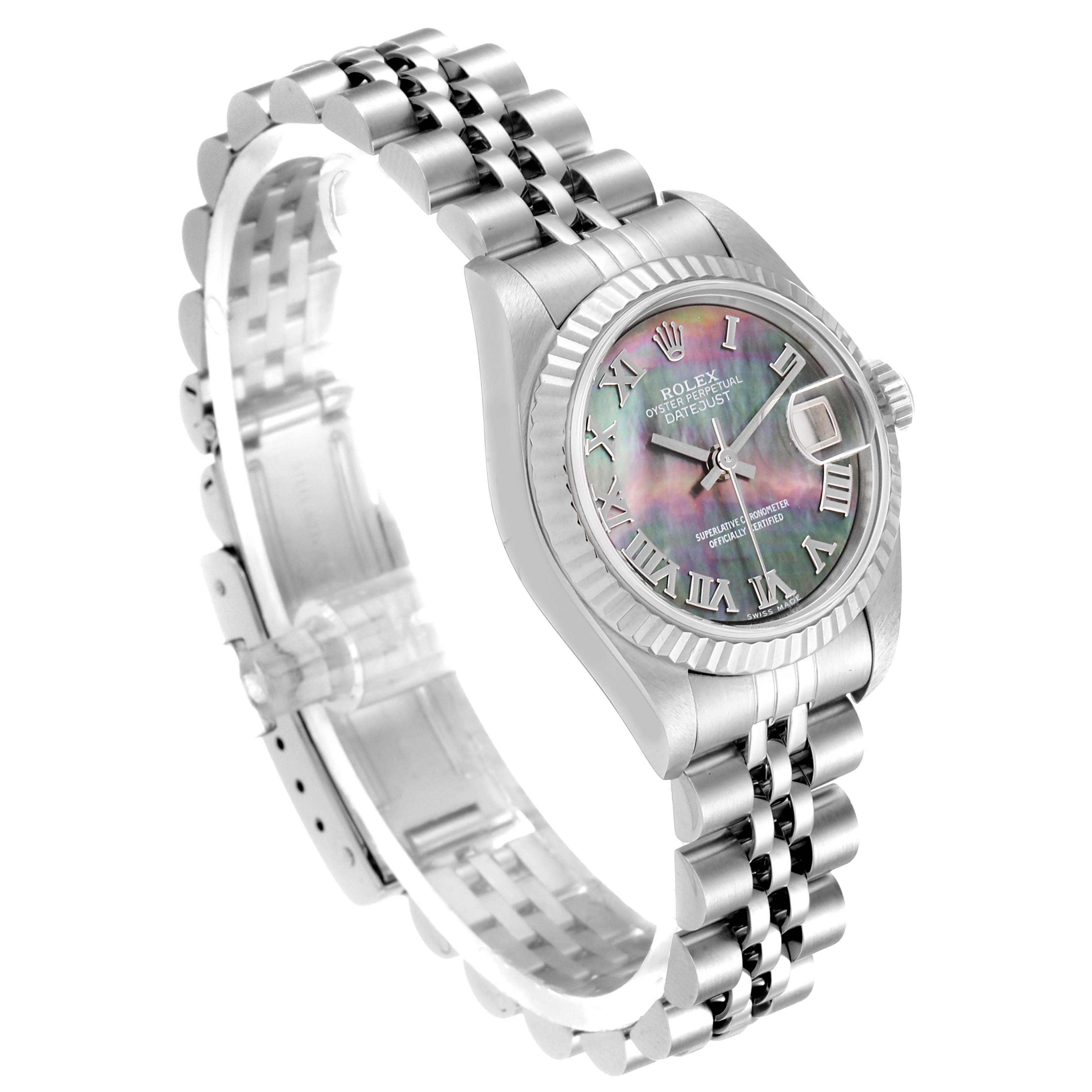 The Rolex Datejust 69174 Women's Stainless Steel Mother of Pearl Dial 69174 Women's Stainless Steel Mother of Pearl Dial watch is displayed at a three-quarter angle, showcasing the face, bracelet, and clasp.