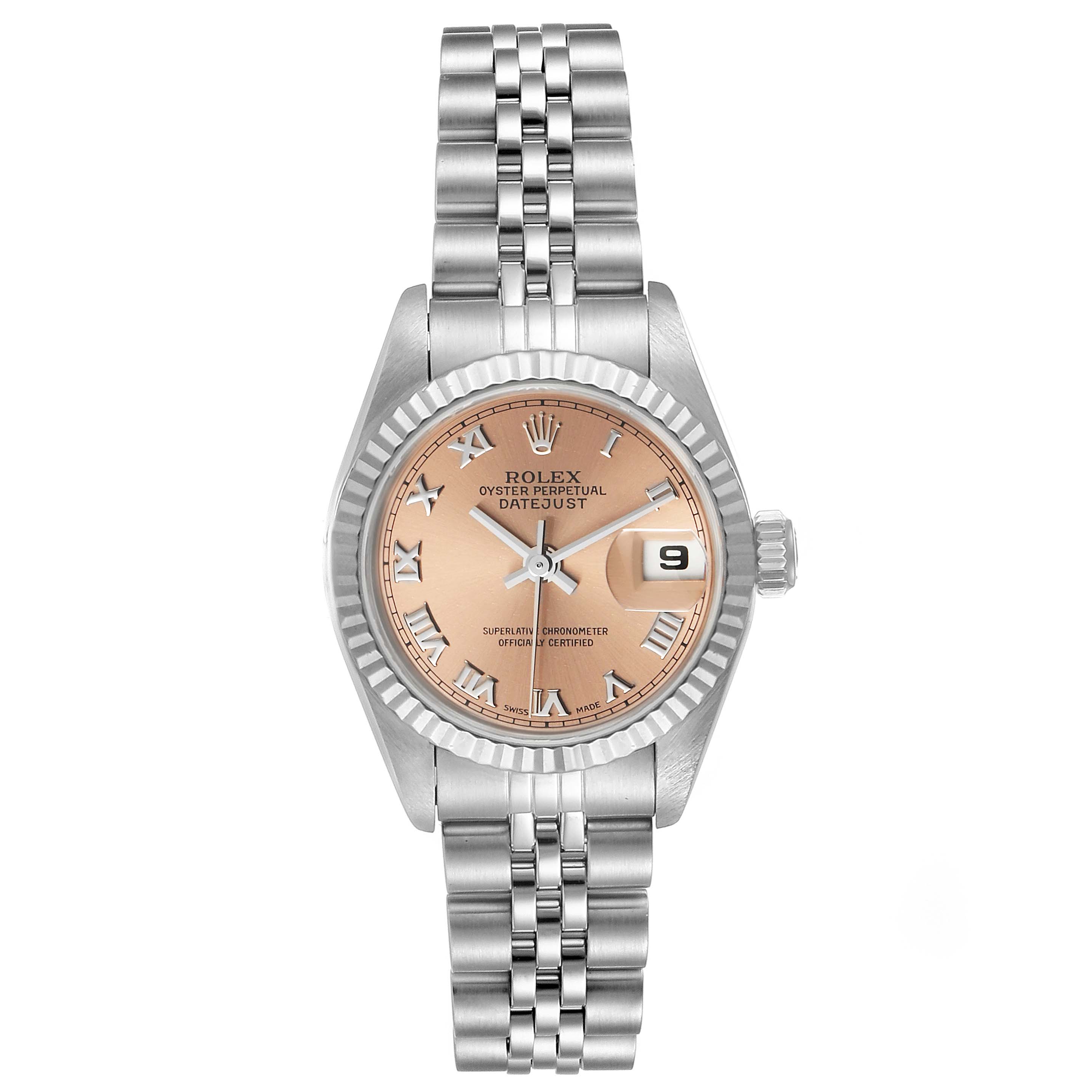 This Rolex Datejust 69174 Women's Stainless Steel Pink Dial 69174 Women's Stainless Steel Pink Dial model is shown from a top-down angle, highlighting the face, bezel, and bracelet.