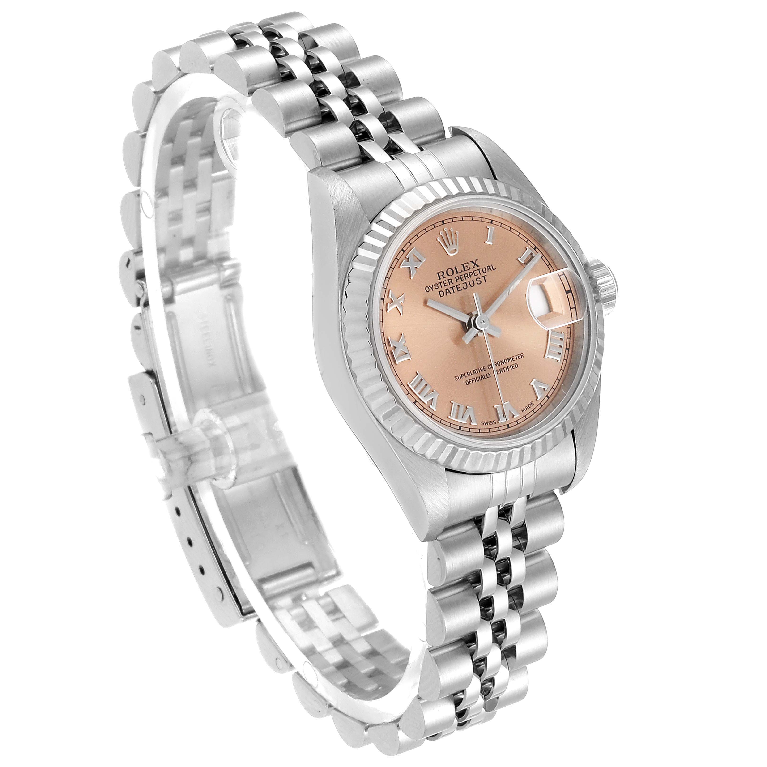 The image shows a Rolex Datejust 69174 Women's Stainless Steel Pink Dial 69174 Women's Stainless Steel Pink Dial watch at a three-quarter angle, highlighting the dial, bezel, crown, and Jubilee bracelet.
