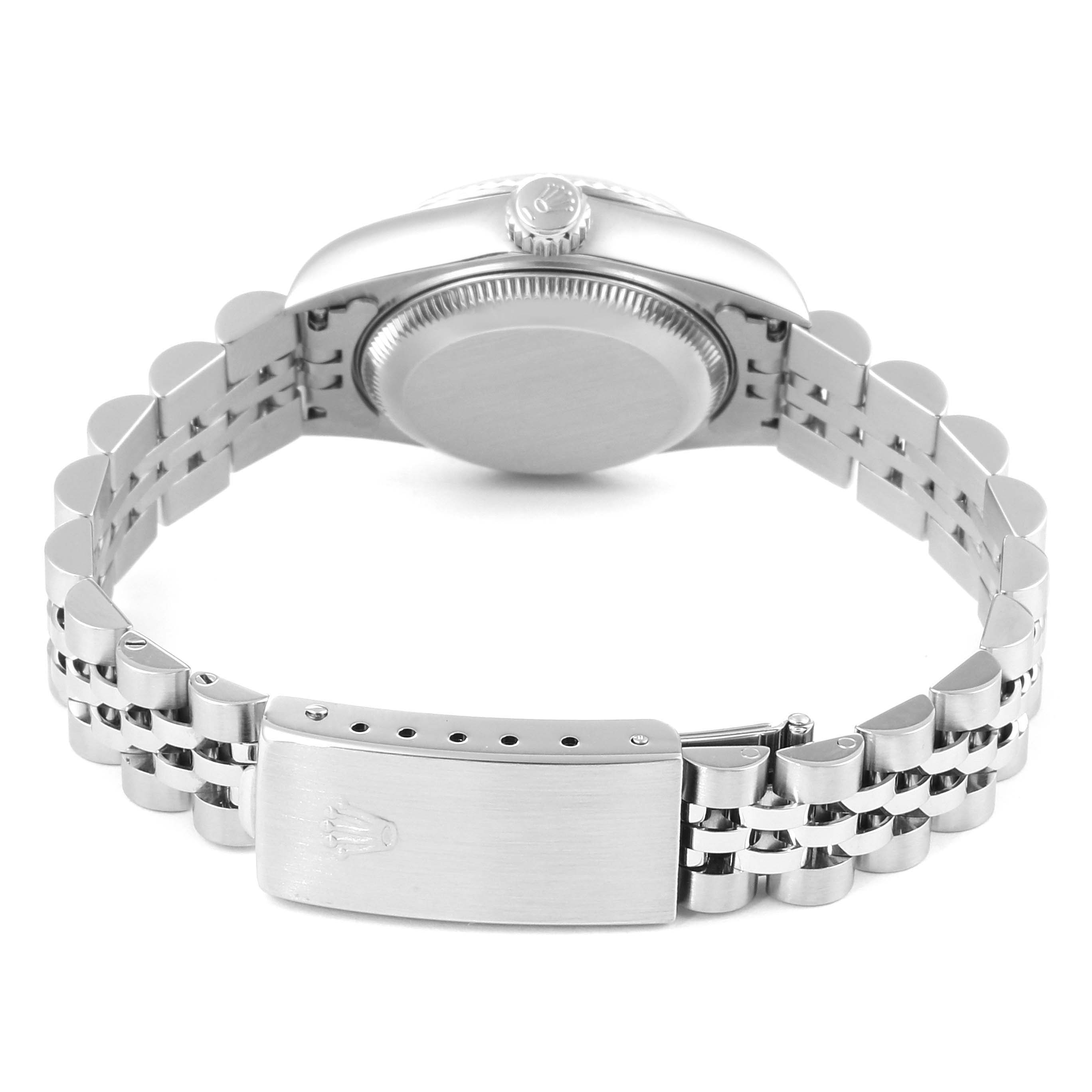 This image shows the underside of the Rolex Datejust 69174 Women's Stainless Steel Pink Dial 69174 Women's Stainless Steel Pink Dial watch, highlighting its bracelet and clasp.