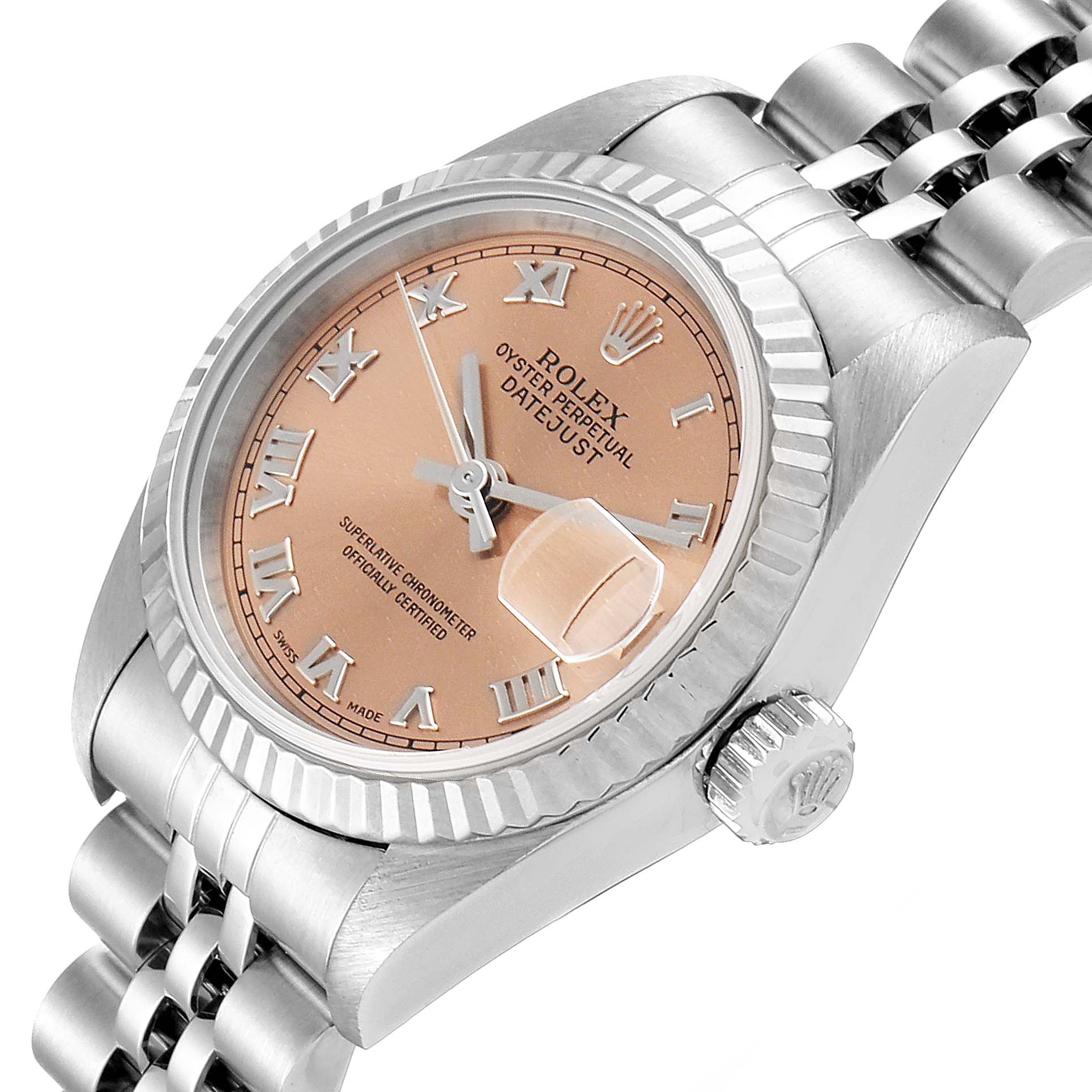 This image shows a close-up, angled view of the Rolex Datejust 69174 Women's Stainless Steel Pink Dial 69174 Women's Stainless Steel Pink Dial watch, displaying the dial, bezel, crown, and part of the bracelet.