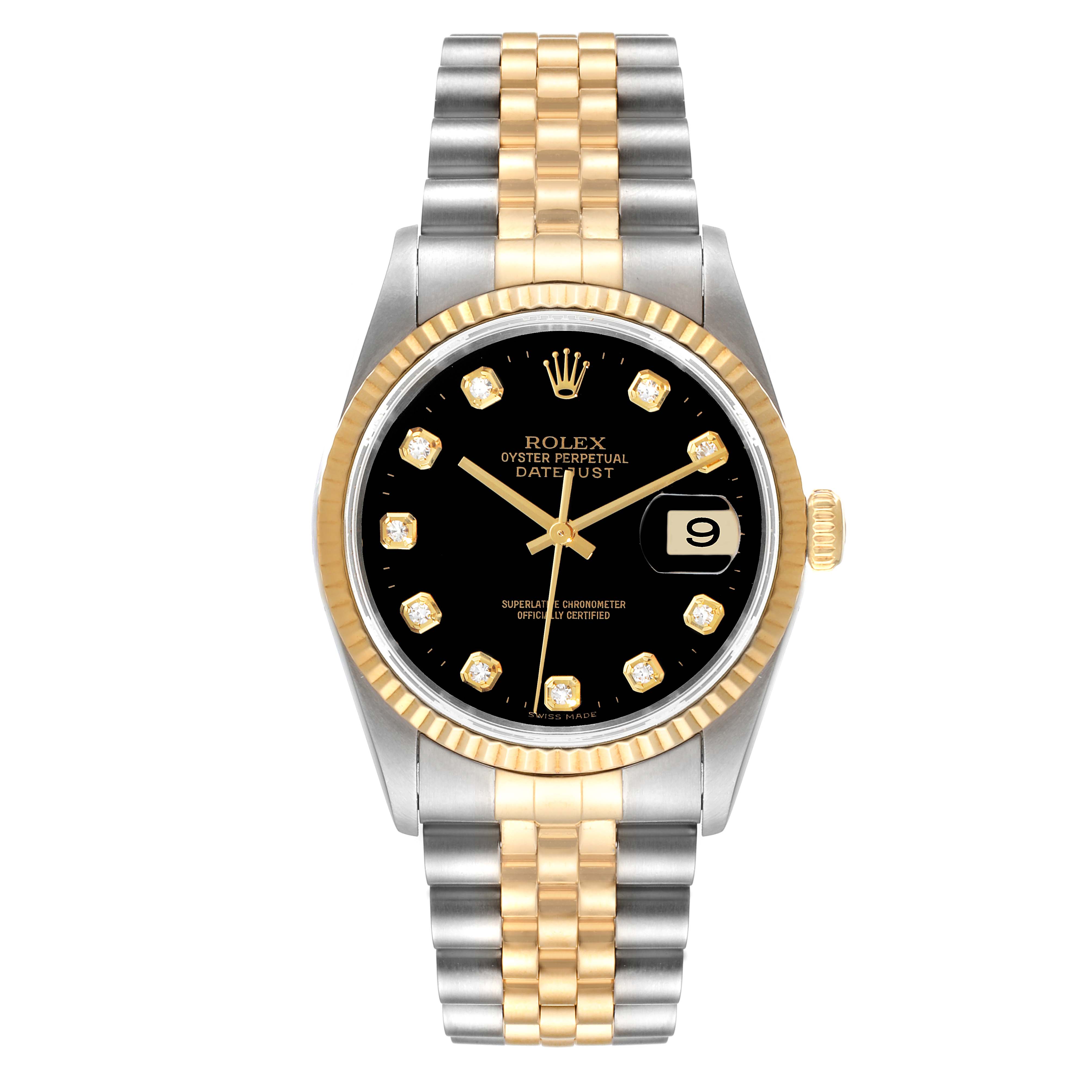 This image shows a frontal view of a Rolex Datejust 16233 Men's Steel and Gold (two tone) Black Dial 16233 Men's Steel and Gold (two tone) Black Dial watch, displaying the dial, bezel, crown, and two-tone bracelet.