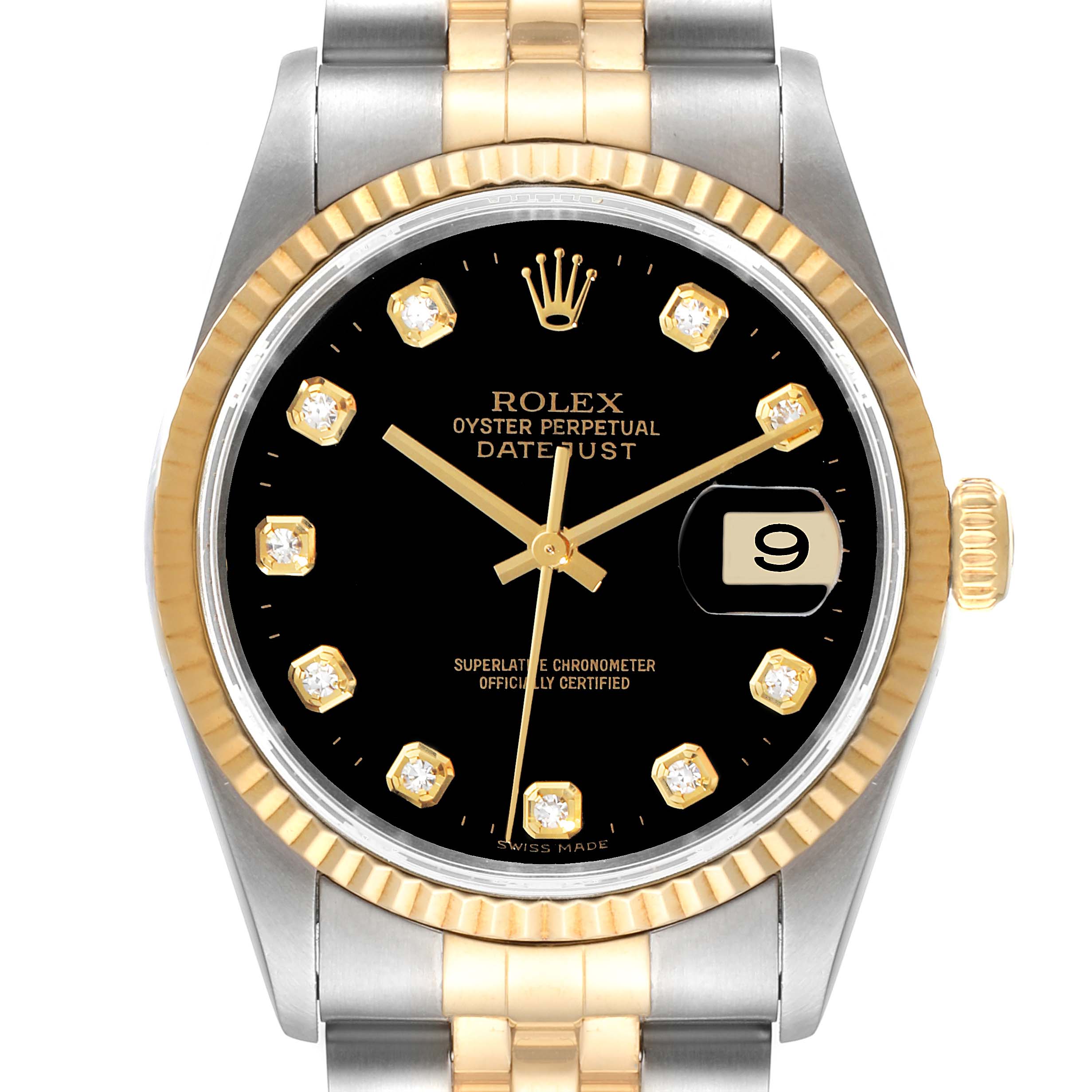 This is a head-on view of a Rolex Datejust 16233 Men's Steel and Gold (two tone) Black Dial 16233 Men's Steel and Gold (two tone) Black Dial watch showcasing its dial, bezel, and part of the bracelet.