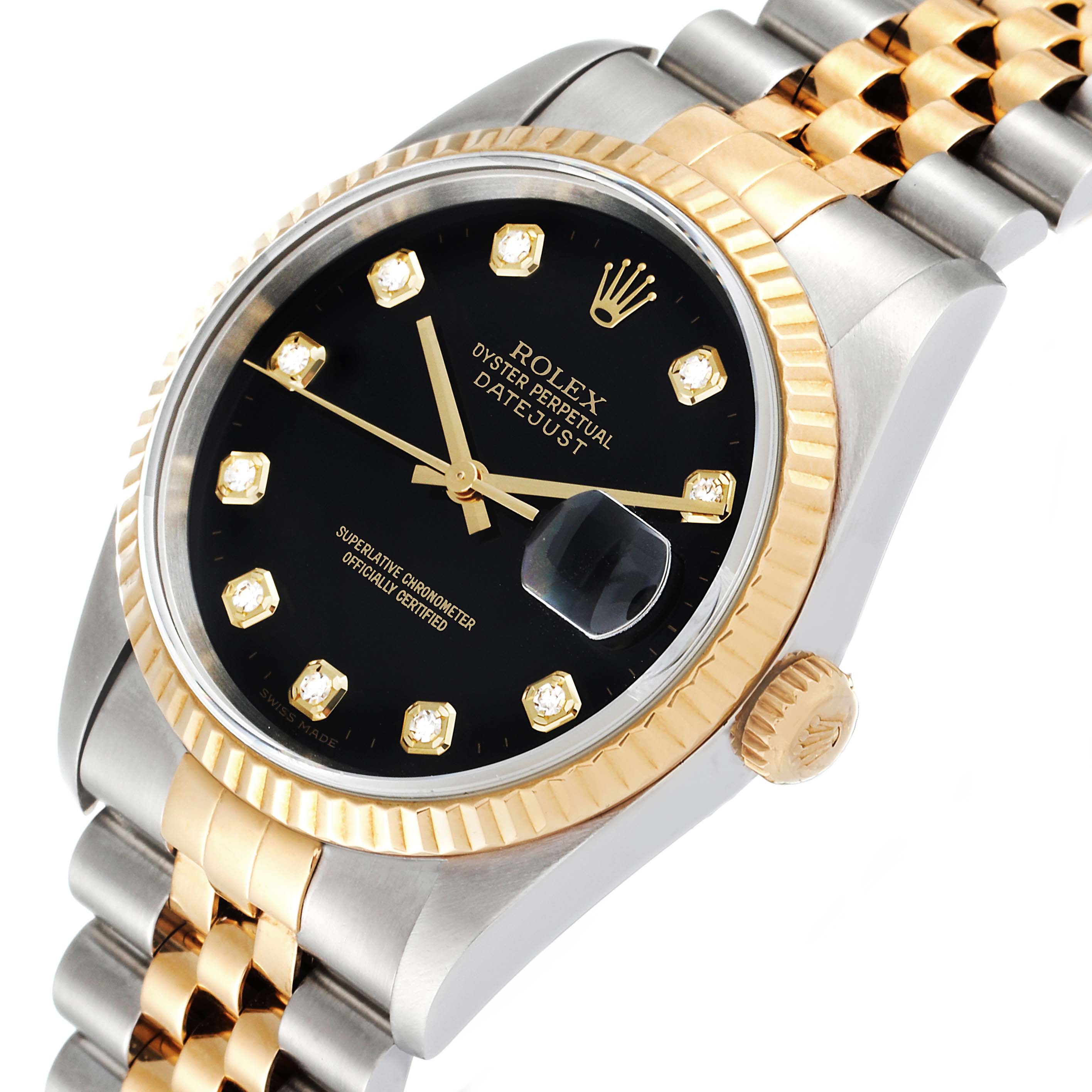 The image shows a Rolex Datejust 16233 Men's Steel and Gold (two tone) Black Dial 16233 Men's Steel and Gold (two tone) Black Dial model watch from an angled side view highlighting the dial, bezel, and bracelet.