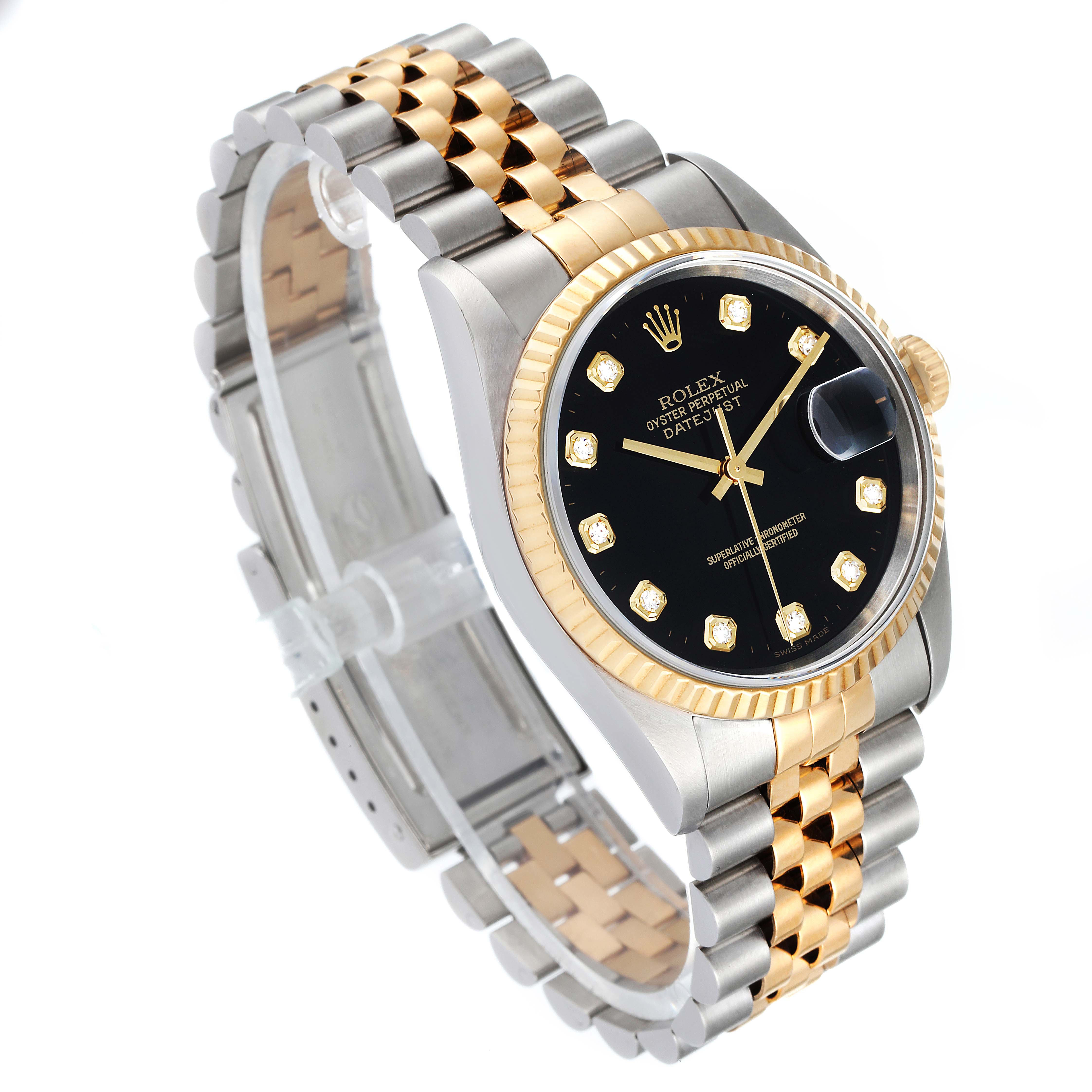 This image shows the Rolex Datejust 16233 Men's Steel and Gold (two tone) Black Dial 16233 Men's Steel and Gold (two tone) Black Dial watch from an angled side view, highlighting the watch face, bezel, and two-tone bracelet.