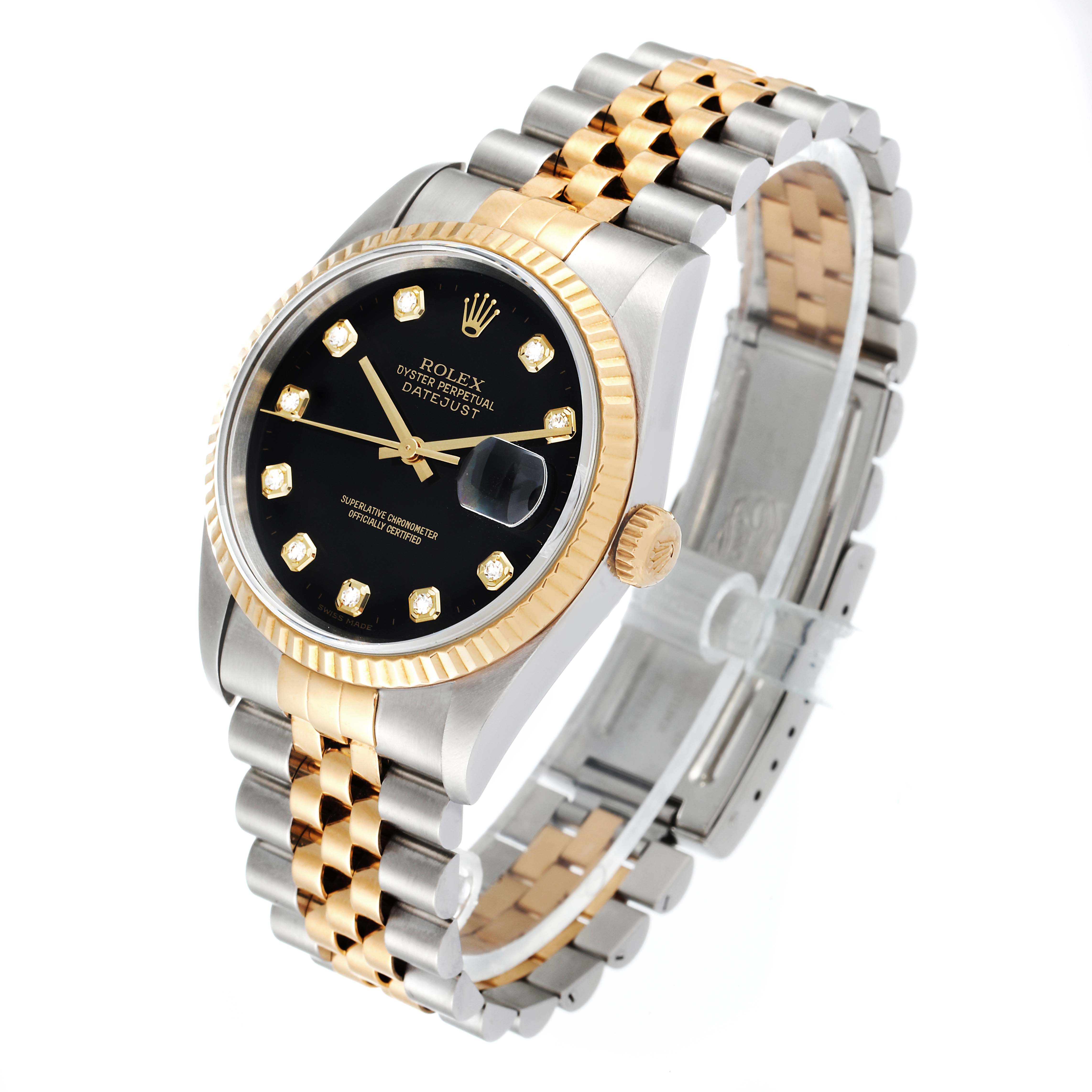 This Rolex Datejust 16233 Men's Steel and Gold (two tone) Black Dial 16233 Men's Steel and Gold (two tone) Black Dial watch is shown at an oblique angle, displaying the black dial, date window, gold bezel, and two-tone bracelet.