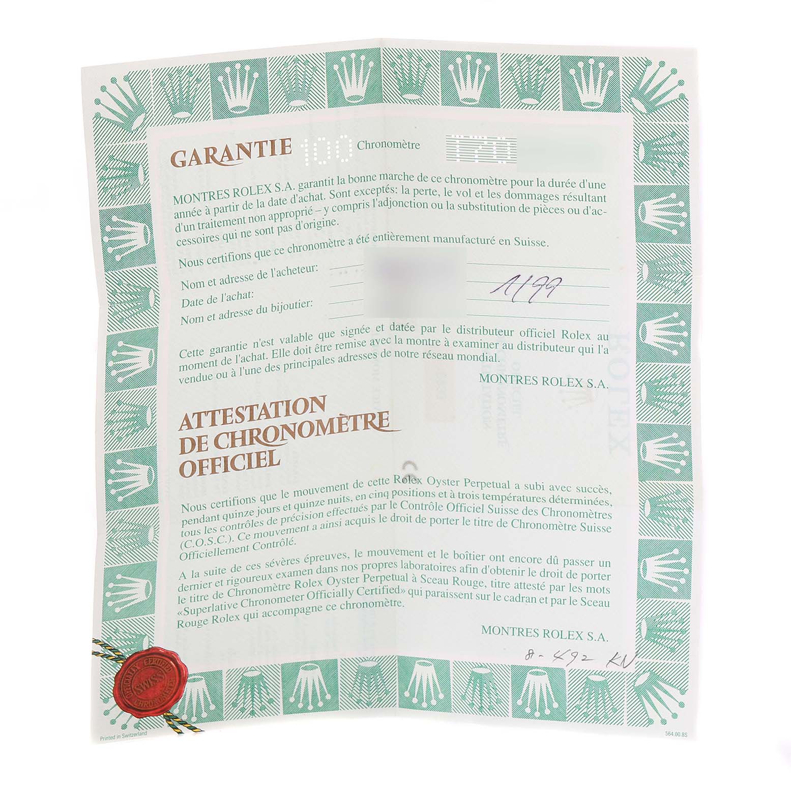 The image shows a folded official certificate and warranty document for a Rolex Datejust 16233 Men's Steel and Gold (two tone) Black Dial 16233 Men's Steel and Gold (two tone) Black Dial model, featuring Rolex branding and logos.