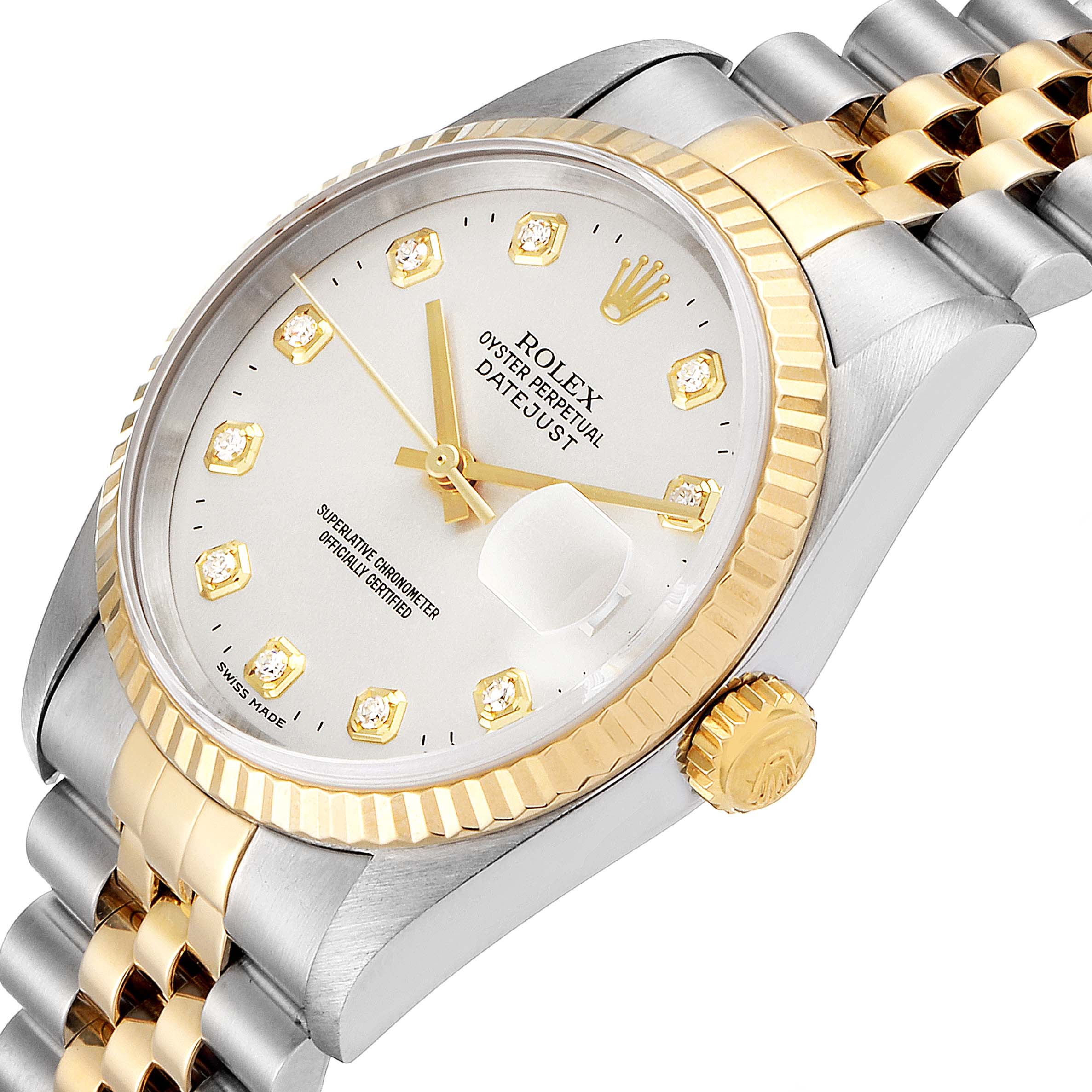 The image shows a close-up angle of the face and bracelet of a Rolex Datejust 16233 Men's Steel and Gold (two tone) Silver Dial 16233 Men's Steel and Gold (two tone) Silver Dial watch.