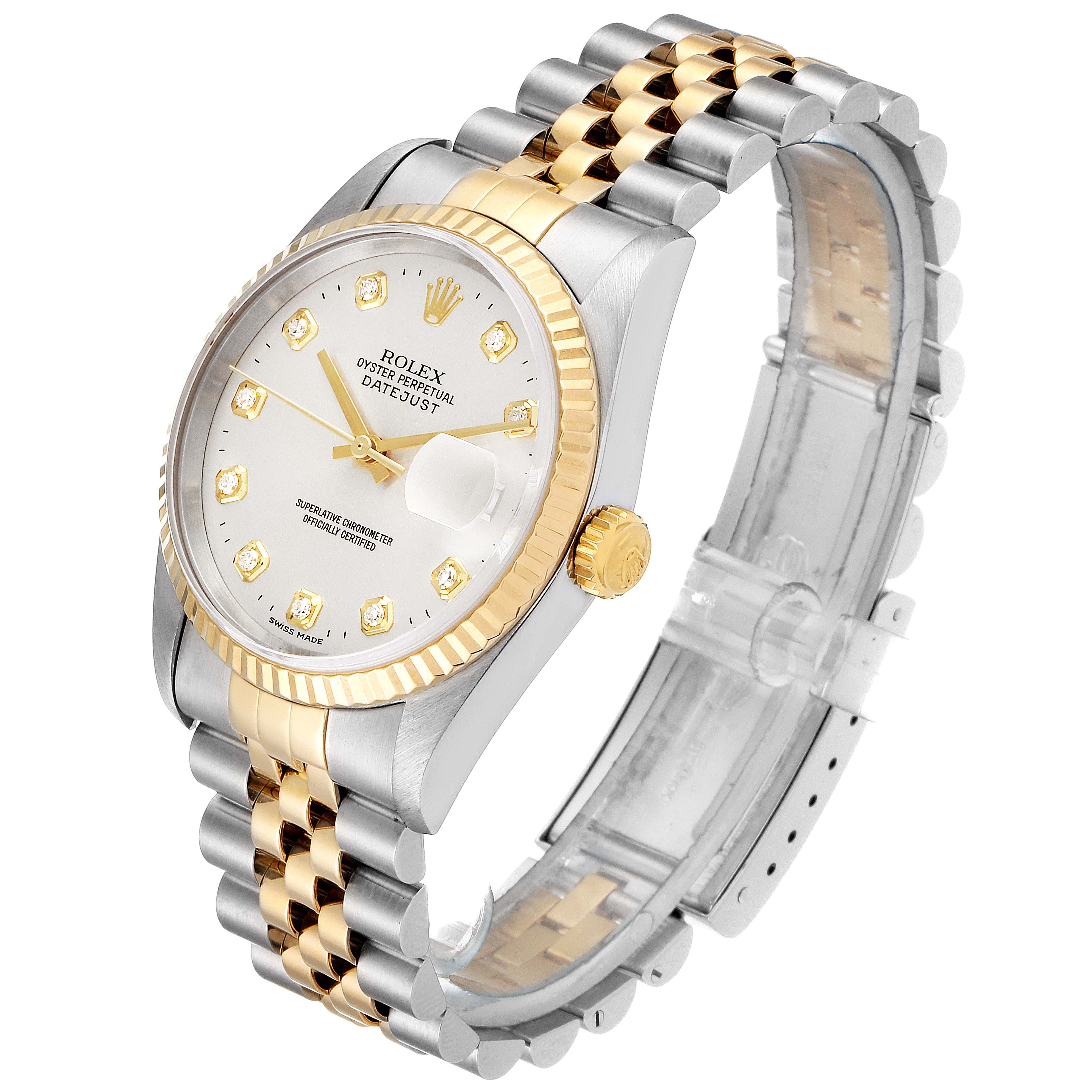The Rolex Datejust 16233 Men's Steel and Gold (two tone) Silver Dial 16233 Men's Steel and Gold (two tone) Silver Dial watch is shown at a three-quarter angle, displaying the face, bezel, crown, and jubilee bracelet.