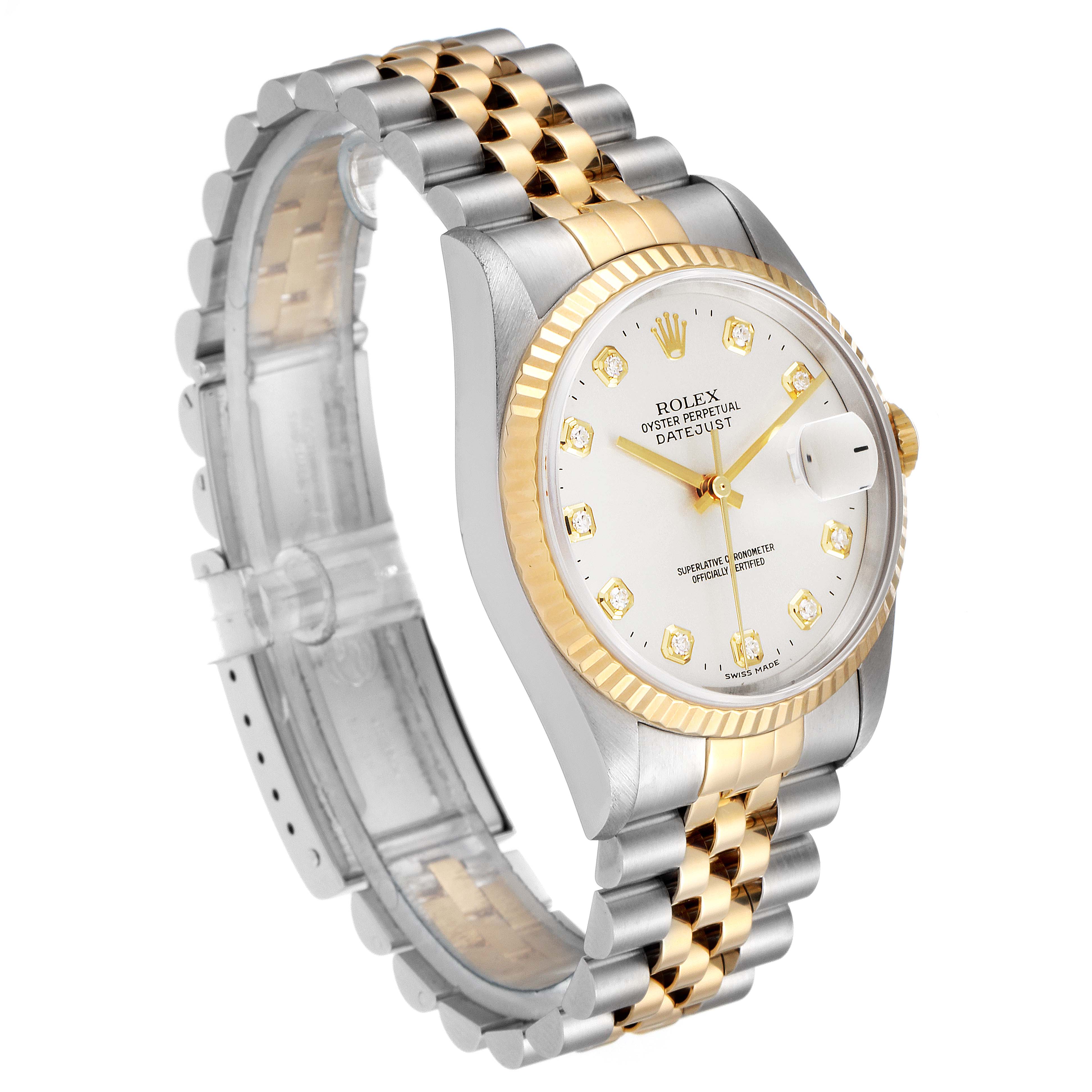 This image shows a Rolex Datejust 16233 Men's Steel and Gold (two tone) Silver Dial 16233 Men's Steel and Gold (two tone) Silver Dial watch at a three-quarter angle, highlighting the dial, bezel, and bracelet.