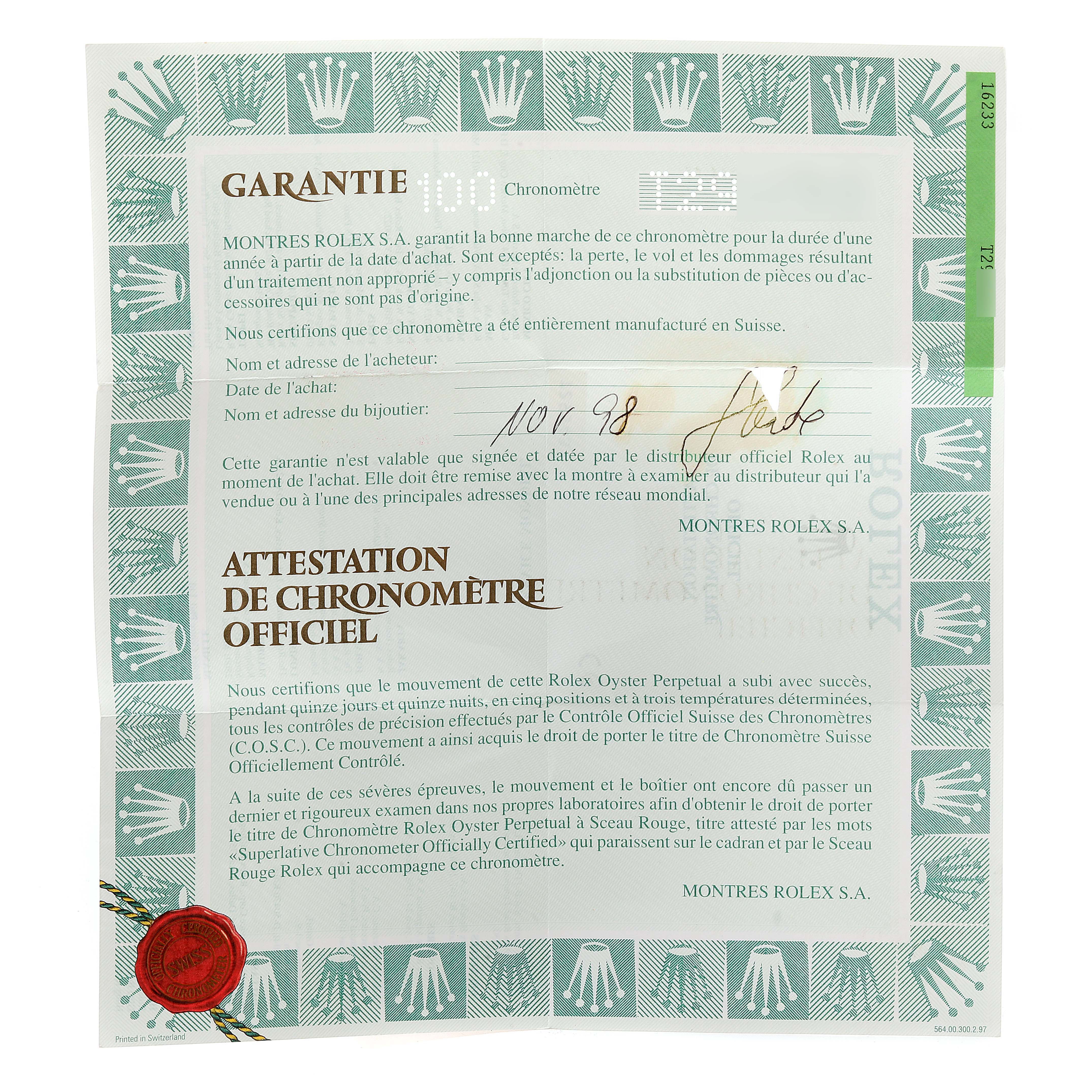 This image shows a Rolex warranty certificate for a Datejust model.