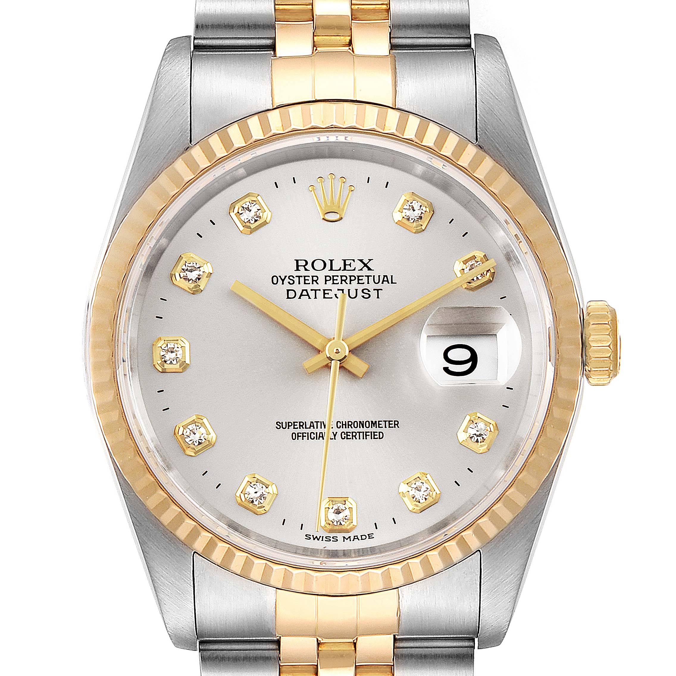 This Rolex Datejust 16233 Men's Steel and Gold (two tone) Silver Dial 16233 Men's Steel and Gold (two tone) Silver Dial watch is shown from the front, displaying its dial, fluted bezel, and two-tone bracelet.