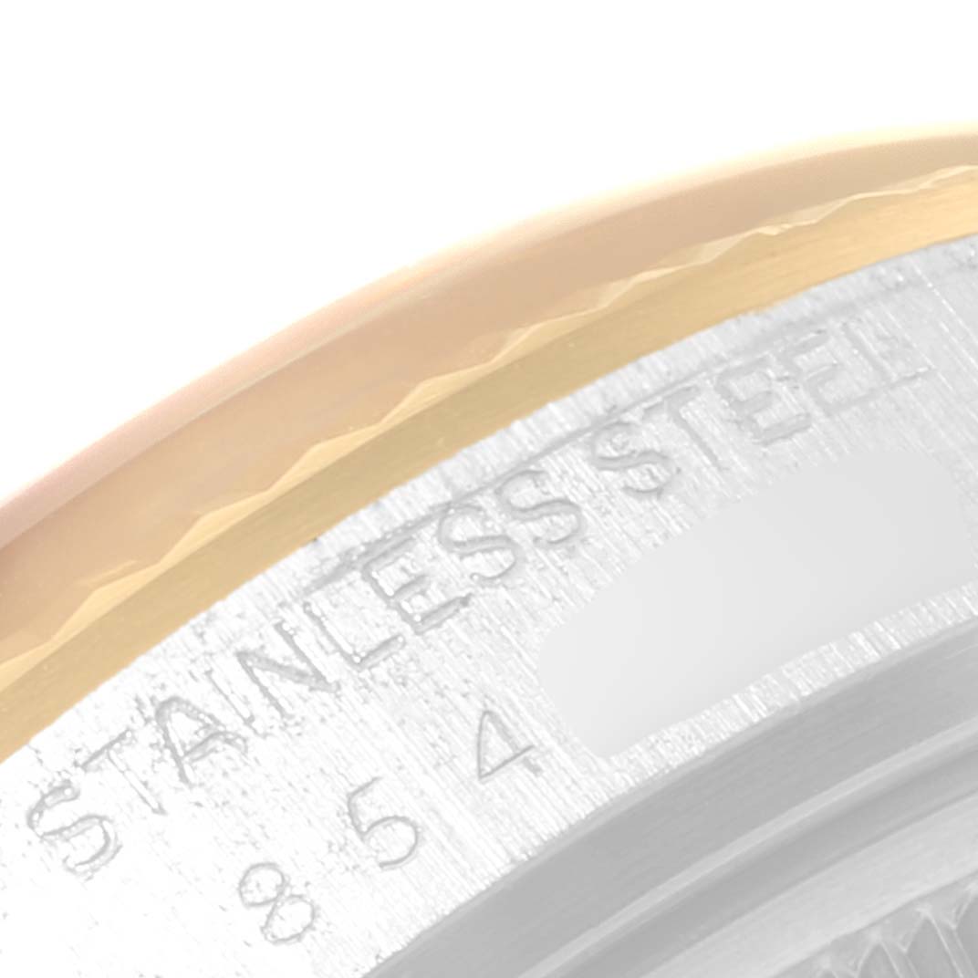 The image shows a close-up of the stainless steel engraving on the case back of a Rolex Datejust 16013 Men's Steel and Gold (two tone) Silver Dial 16013 Men's Steel and Gold (two tone) Silver Dial watch.