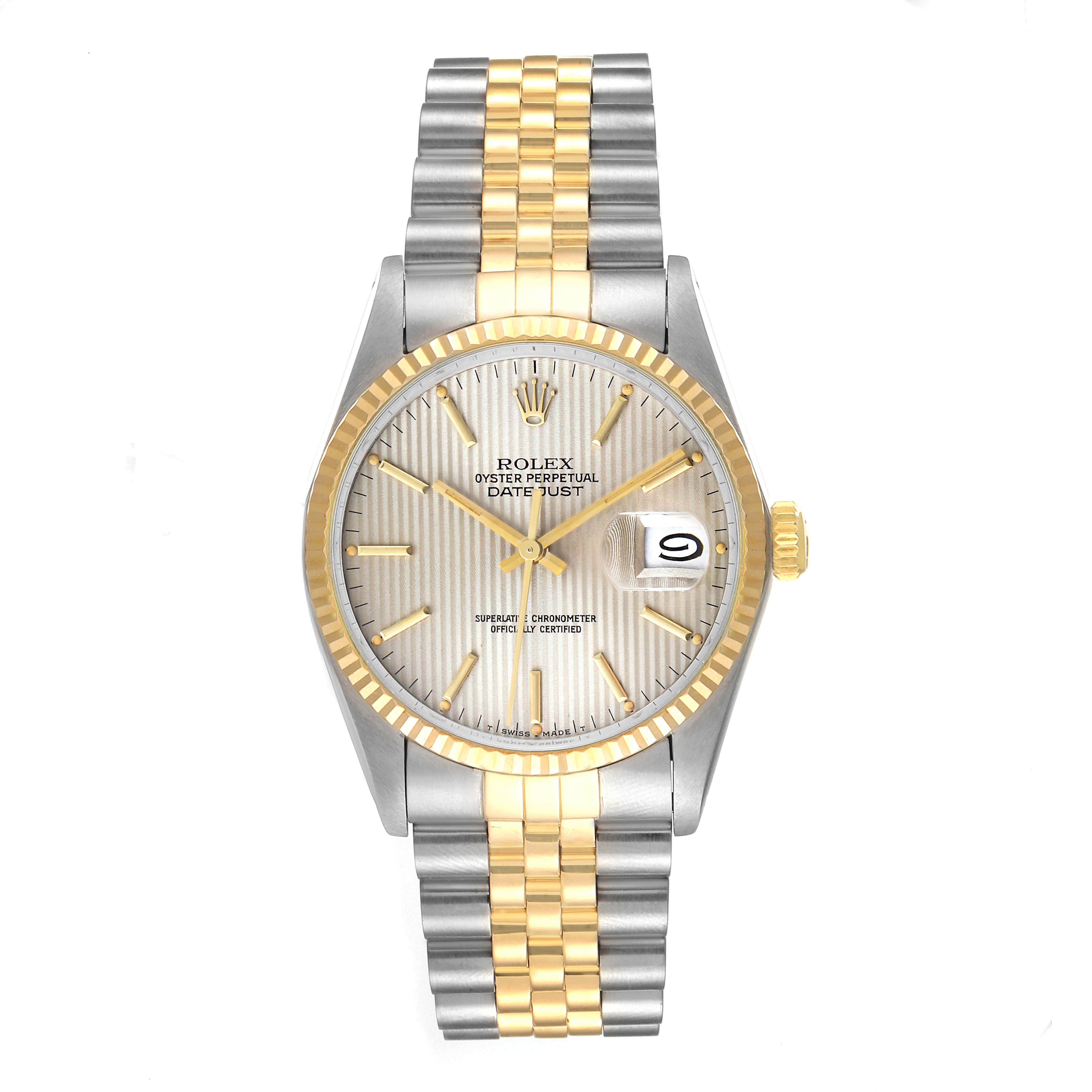 The image shows a front view of a Rolex Datejust 16013 Men's Steel and Gold (two tone) Silver Dial 16013 Men's Steel and Gold (two tone) Silver Dial watch, displaying the dial, hands, bezel, and two-tone bracelet.