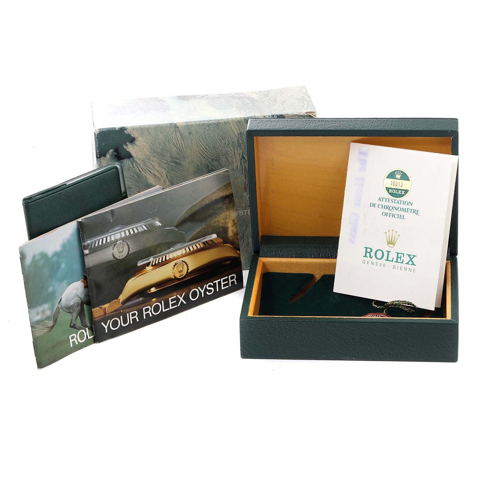 The image shows a Rolex Datejust 16013 Men's Steel and Gold (two tone) Silver Dial 16013 Men's Steel and Gold (two tone) Silver Dial box, an official chronometer certificate, and accompanying booklets.