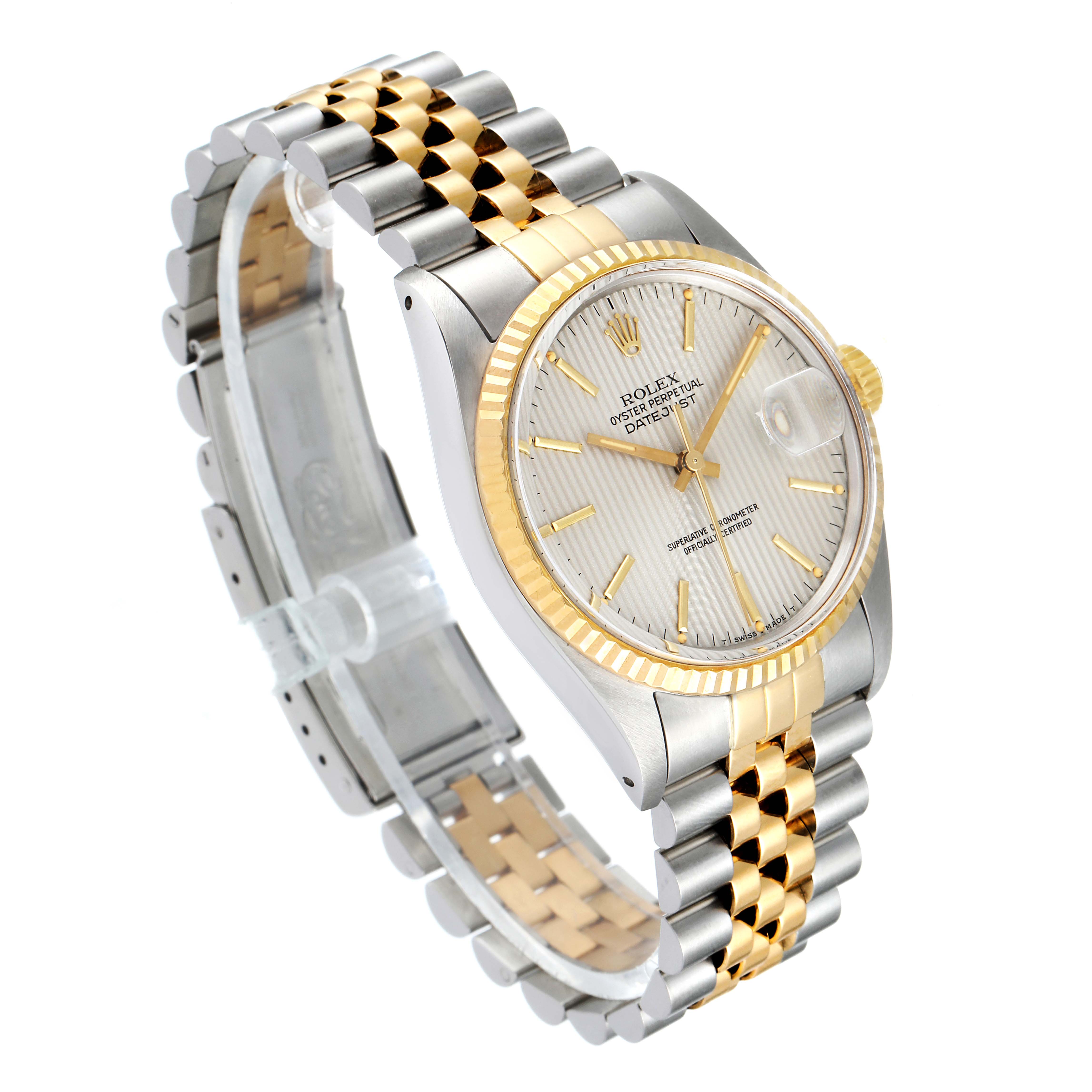 The Rolex Datejust 16013 Men's Steel and Gold (two tone) Silver Dial 16013 Men's Steel and Gold (two tone) Silver Dial model watch is shown at a three-quarter angle, displaying the face, bezel, and two-tone bracelet.