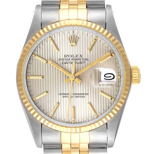 Photo of Rolex Datejust Steel Yellow Gold Tapestry Dial Vintage Watch 16013 Box Papers