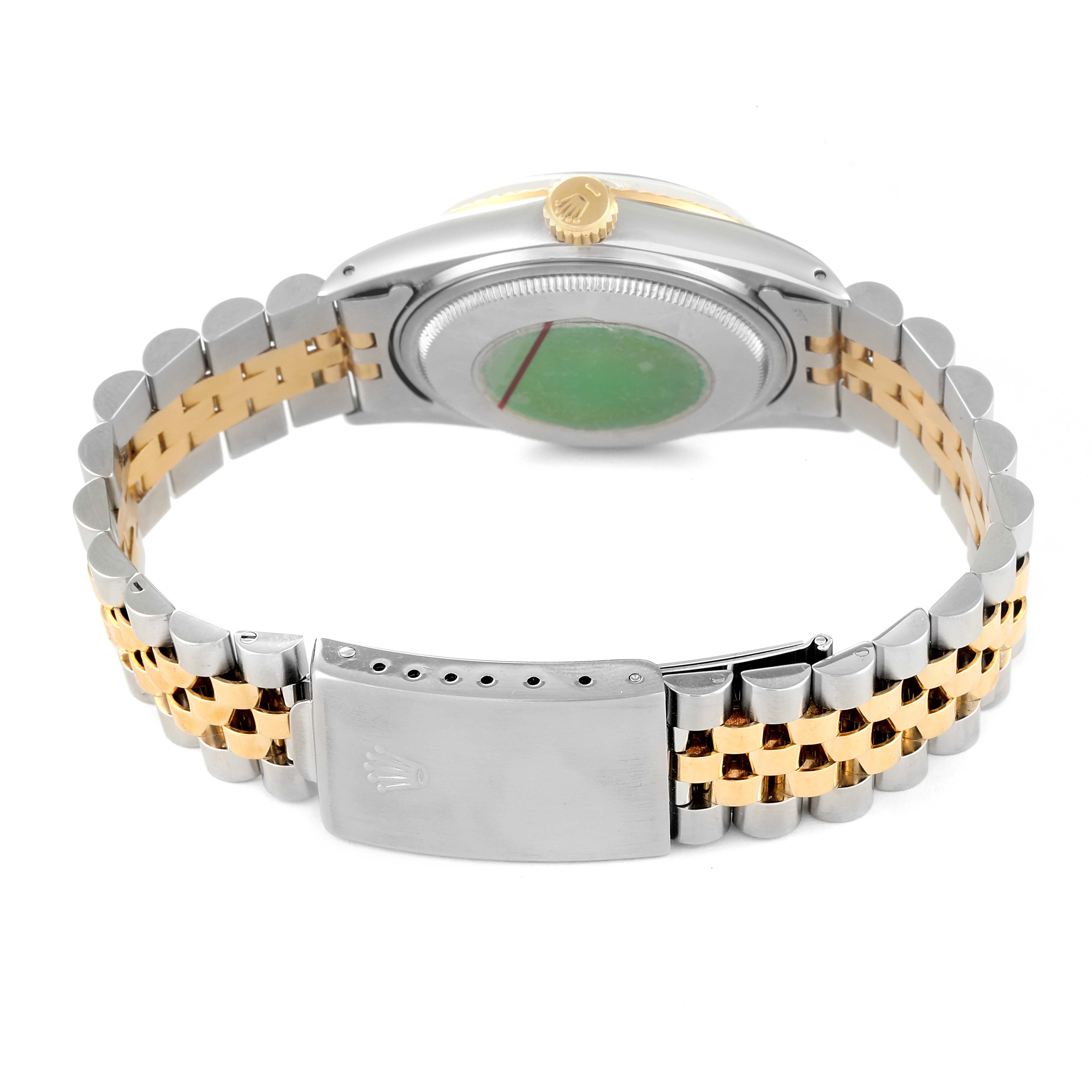 This image shows the back of a Rolex Datejust 16013 Men's Steel and Gold (two tone) Silver Dial 16013 Men's Steel and Gold (two tone) Silver Dial watch, highlighting its two-tone bracelet and clasp.