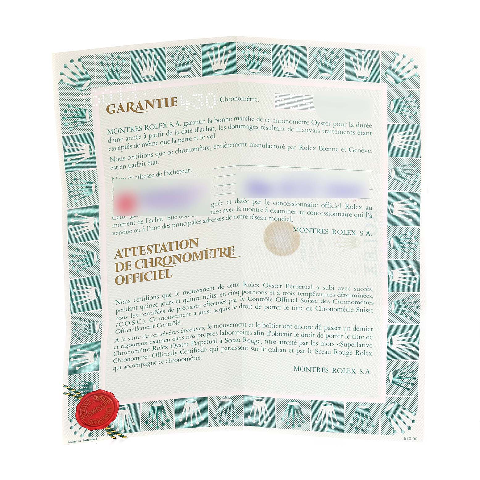 This is a warranty certificate for the Rolex Datejust 16013 Men's Steel and Gold (two tone) Silver Dial 16013 Men's Steel and Gold (two tone) Silver Dial, seen from a top-down angle.