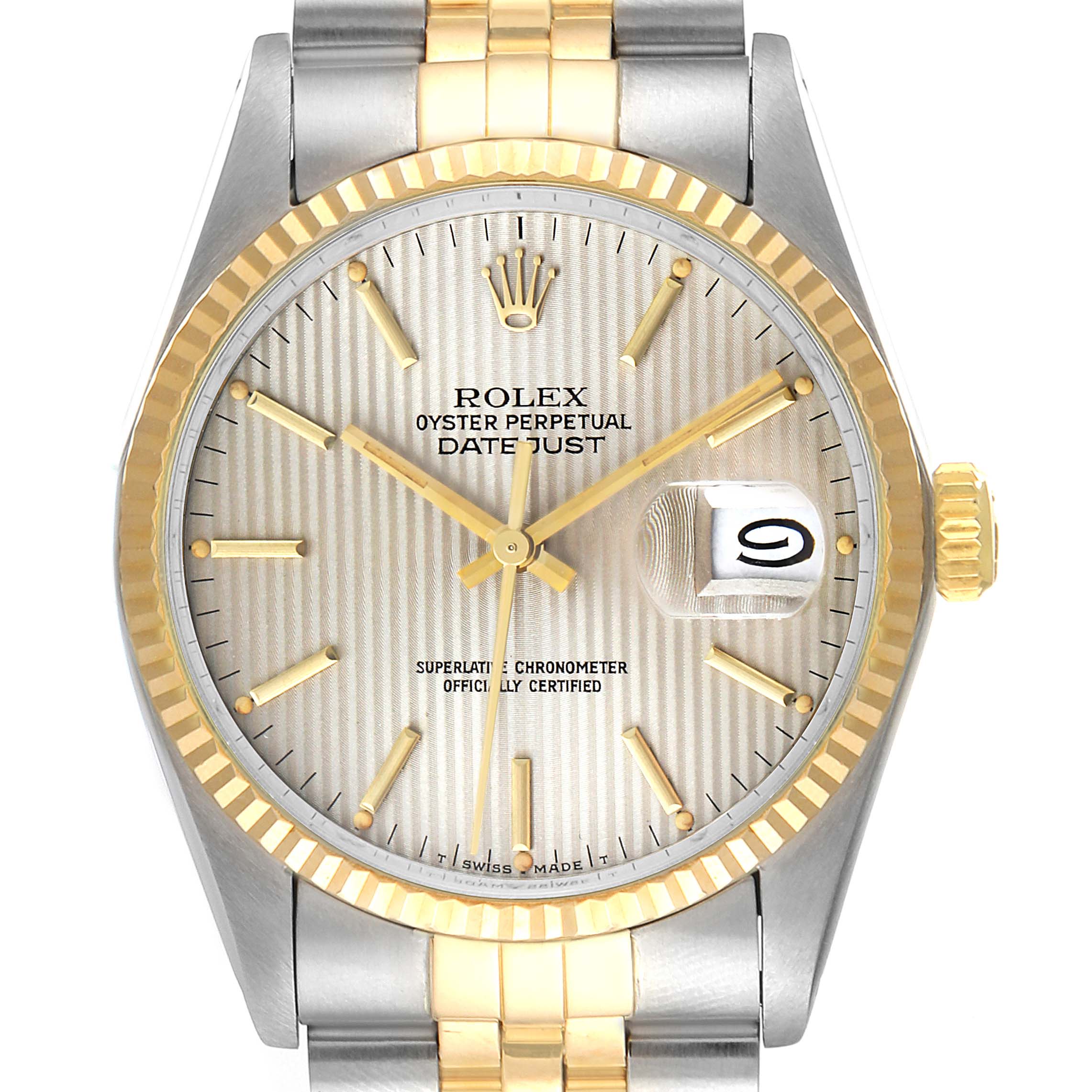 This image shows a front view of a Rolex Datejust 16013 Men's Steel and Gold (two tone) Silver Dial 16013 Men's Steel and Gold (two tone) Silver Dial watch, highlighting the dial, bezel, and part of the bracelet.