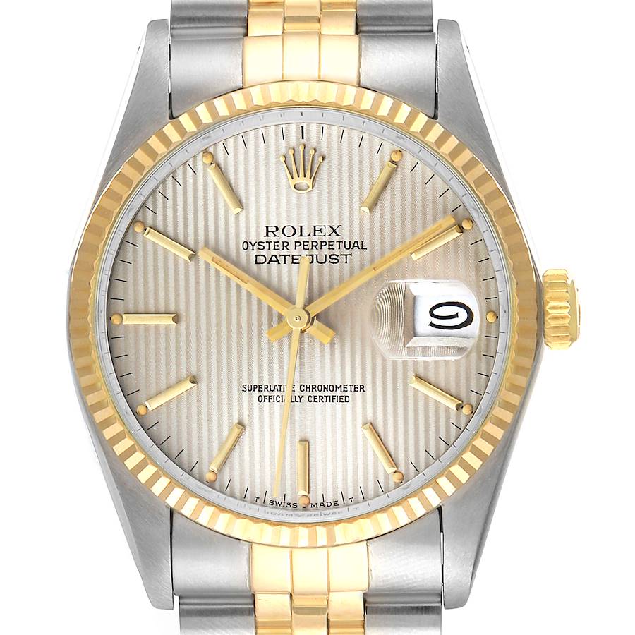Rolex Datejust Steel Yellow Gold Tapestry Dial Vintage Watch 16013 Box Papers SwissWatchExpo