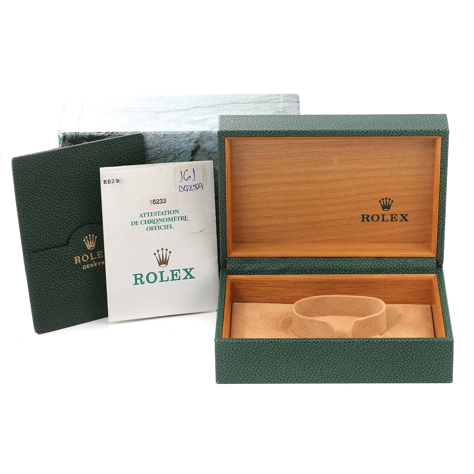 This image shows the packaging, including the box and papers, for a Rolex Datejust 16233 Men's Steel and Gold (two tone) White Dial 16233 Men's Steel and Gold (two tone) White Dial watch.