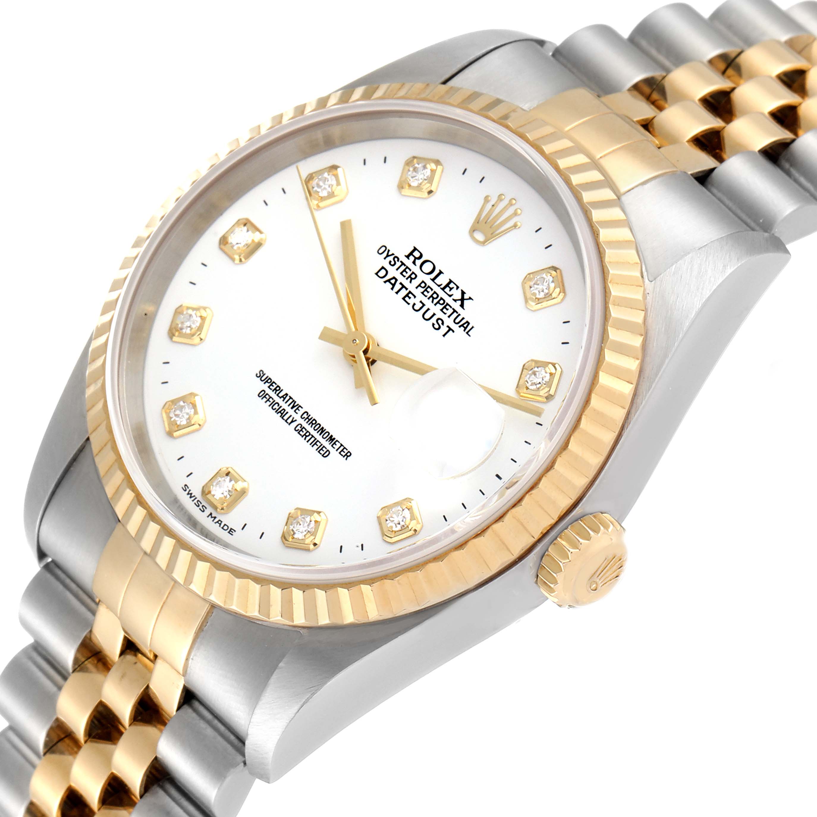 The Rolex Datejust 16233 Men's Steel and Gold (two tone) White Dial 16233 Men's Steel and Gold (two tone) White Dial watch is shown at an angle highlighting its dial, fluted bezel, and bracelet.