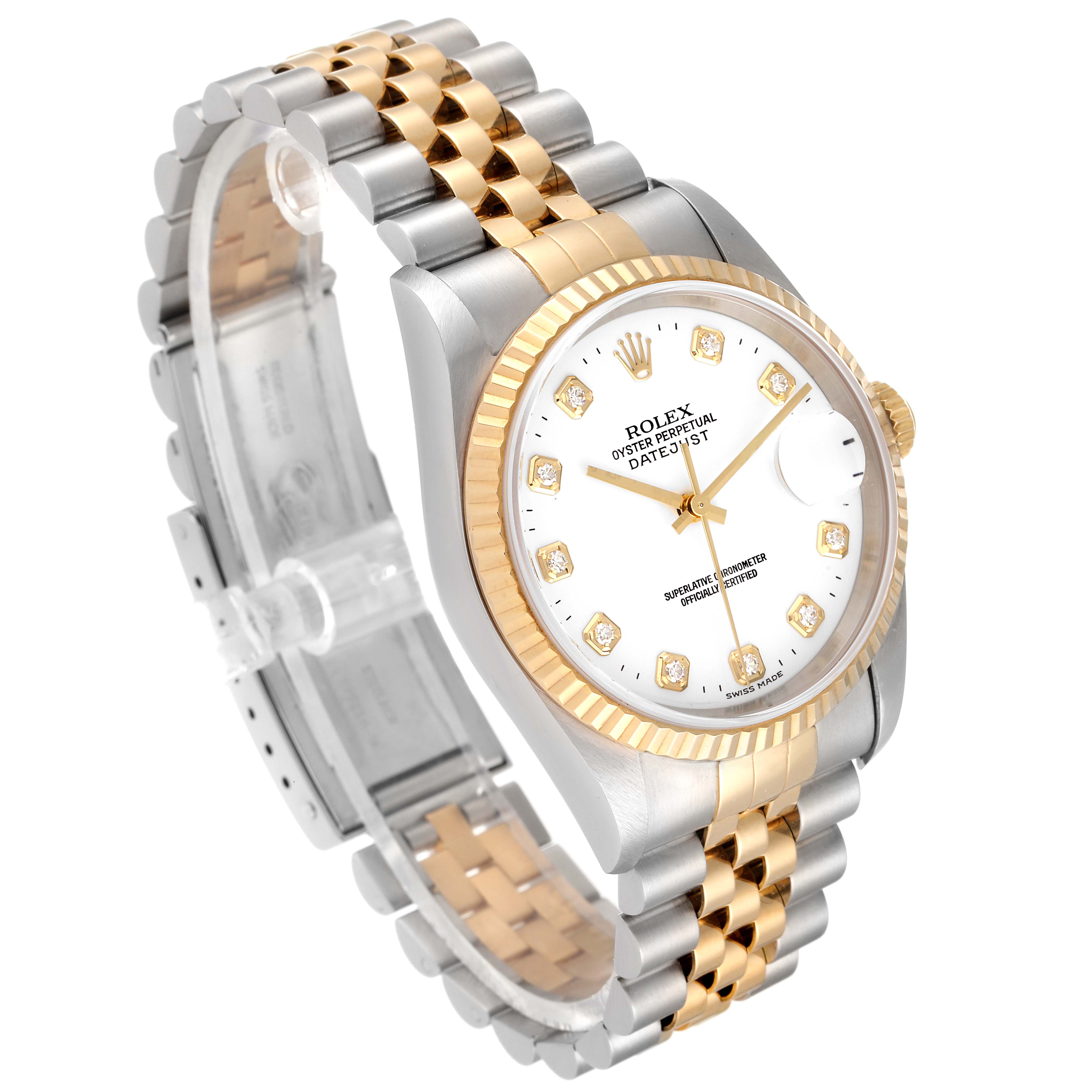 The image shows a Rolex Datejust 16233 Men's Steel and Gold (two tone) White Dial 16233 Men's Steel and Gold (two tone) White Dial watch from an angled side view, highlighting its gold and silver jubilee bracelet and diamond hour markers.