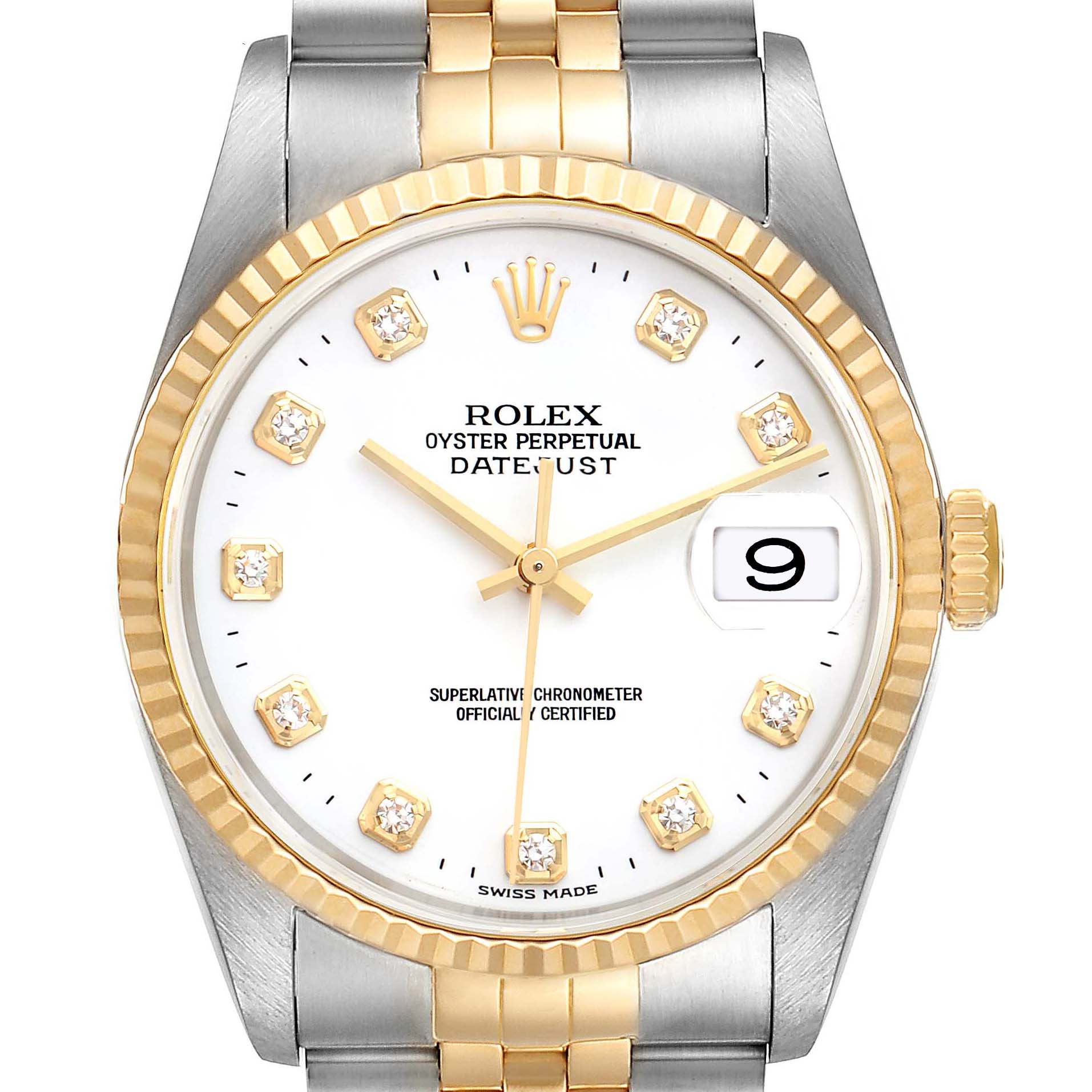 Close-up of the front view of a Rolex Datejust 16233 Men's Steel and Gold (two tone) White Dial 16233 Men's Steel and Gold (two tone) White Dial watch showing the face, fluted bezel, crown, and part of the bracelet.