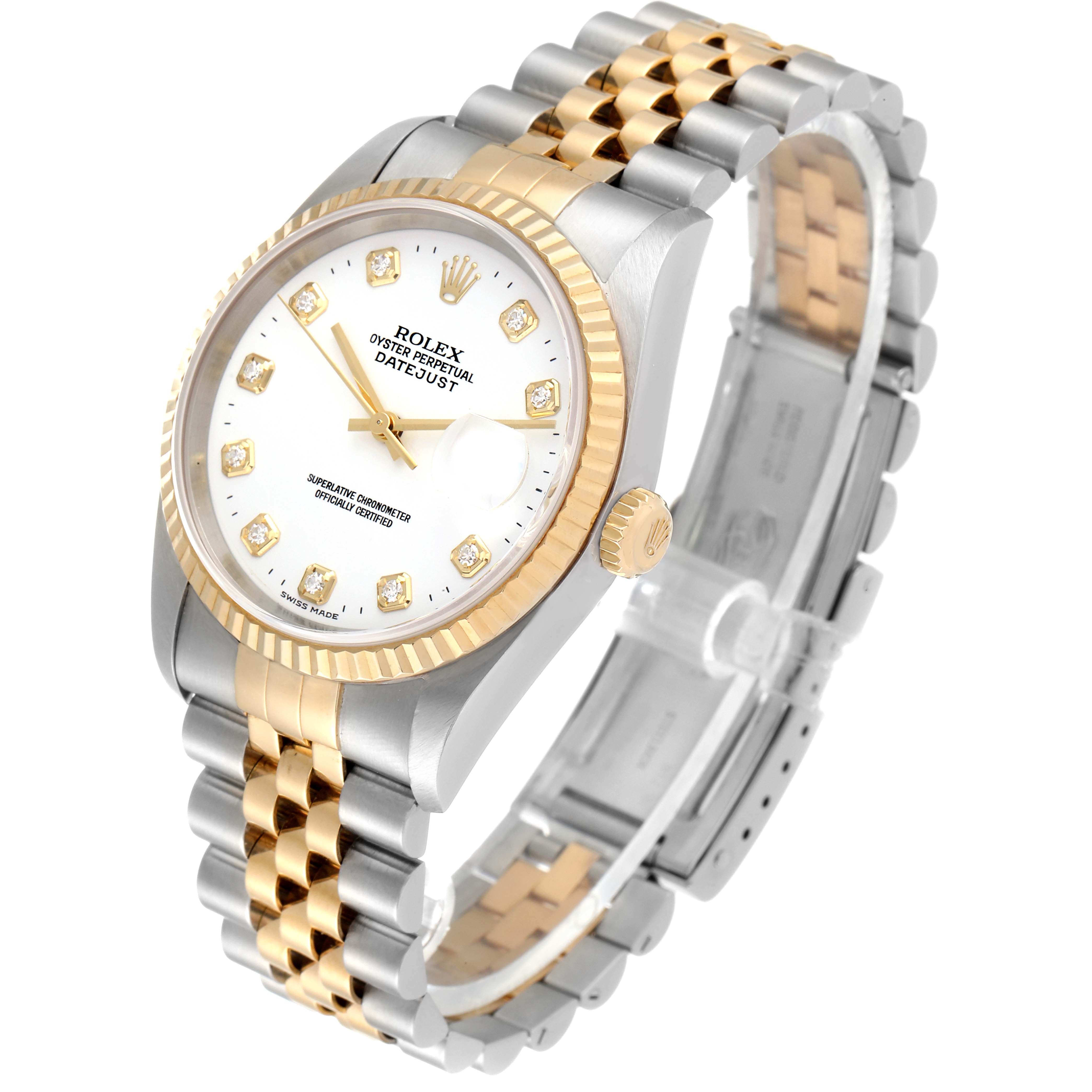 The Rolex Datejust 16233 Men's Steel and Gold (two tone) White Dial 16233 Men's Steel and Gold (two tone) White Dial watch is shown at an angled view, highlighting its two-tone bracelet, fluted bezel, white dial, and diamond hour markers.