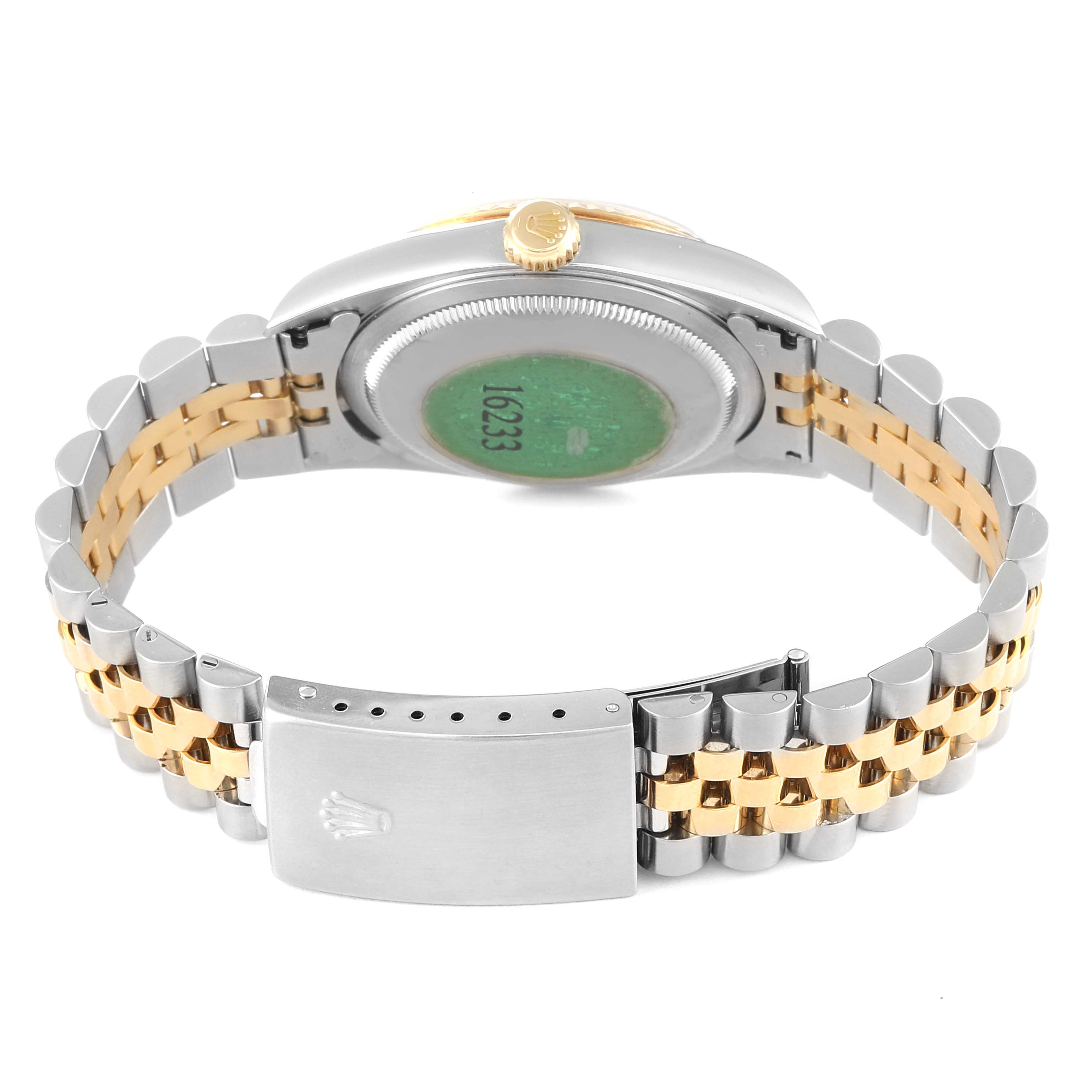 This image shows the back view and clasp of the Rolex Datejust 16233 Men's Steel and Gold (two tone) White Dial 16233 Men's Steel and Gold (two tone) White Dial watch, highlighting its two-tone metal bracelet.