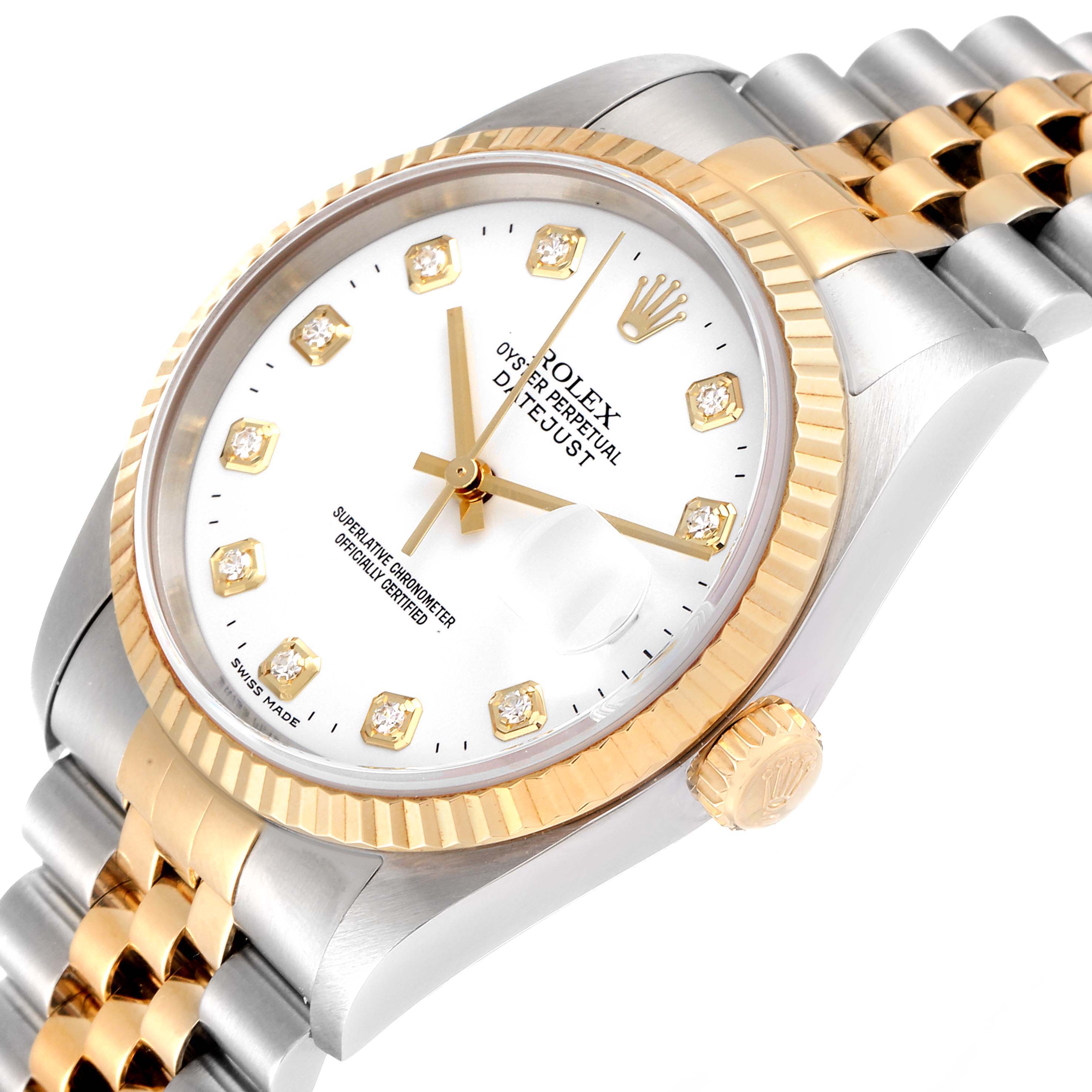 The Rolex Datejust 16233 Men's Steel and Gold (two tone) White Dial 16233 Men's Steel and Gold (two tone) White Dial watch is shown at an angle, highlighting its dial, bezel, crown, and bi-tone bracelet.