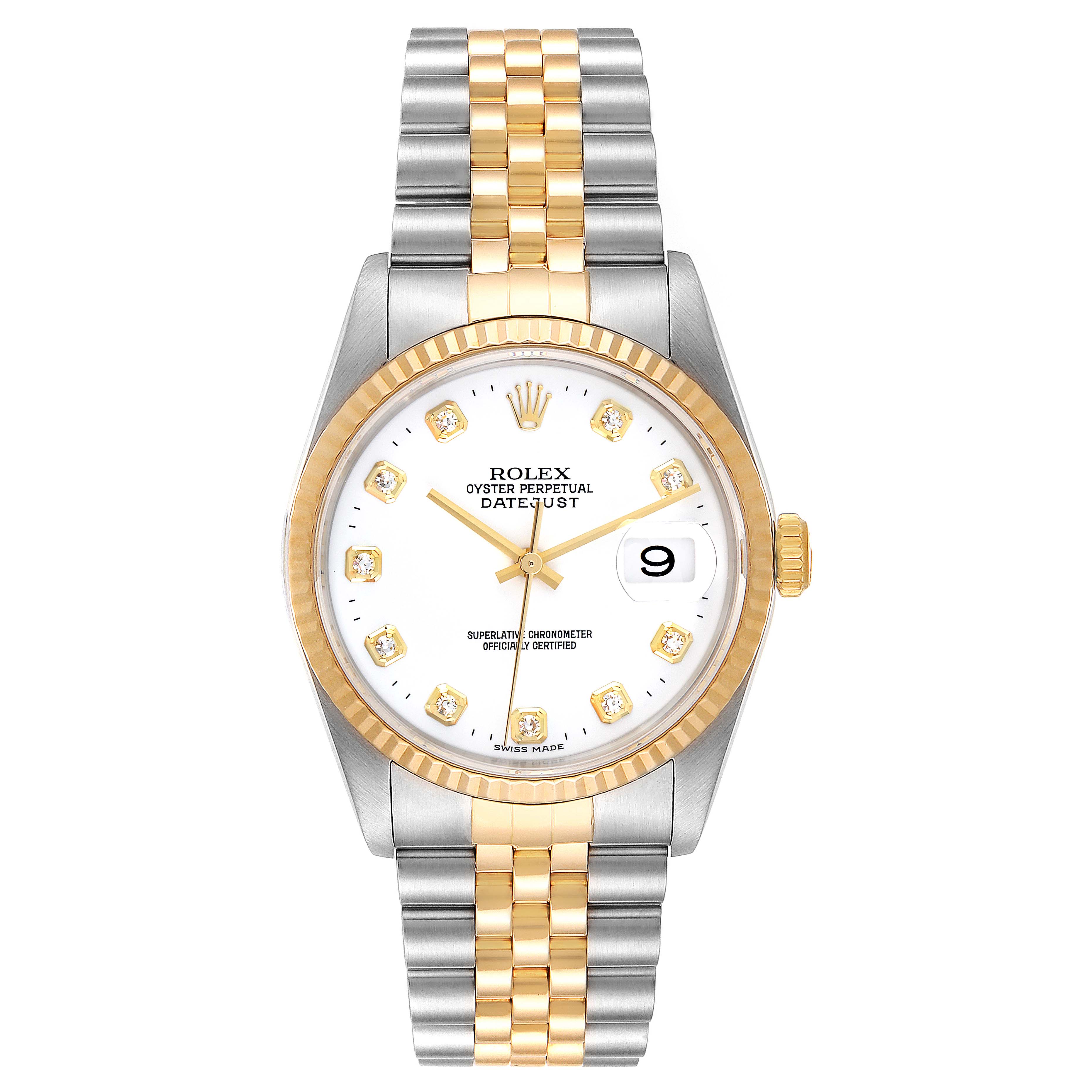 The image shows a front view of a Rolex Datejust 16233 Men's Steel and Gold (two tone) White Dial 16233 Men's Steel and Gold (two tone) White Dial watch, displaying the dial, bracelet, bezel, and crown.