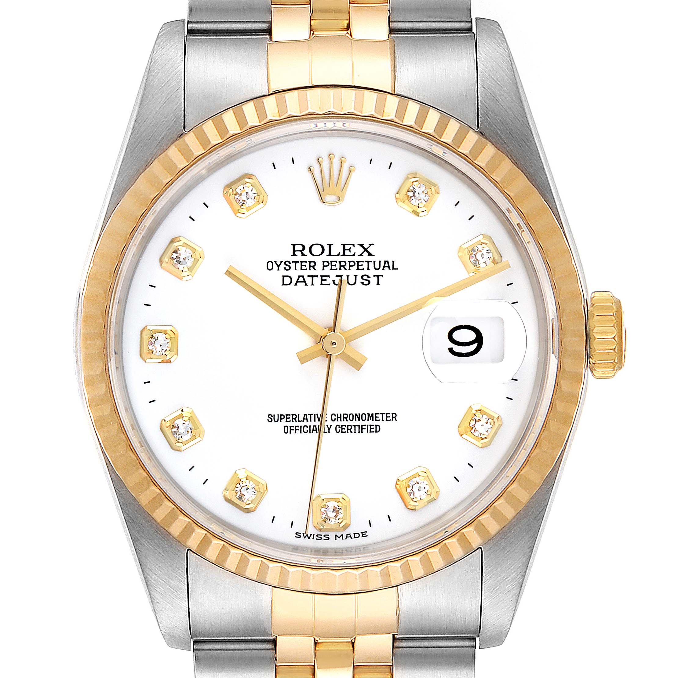 The image displays the front view of a Rolex Datejust 16233 Men's Steel and Gold (two tone) White Dial 16233 Men's Steel and Gold (two tone) White Dial watch, showing the dial, bezel, date window, and part of the bracelet.