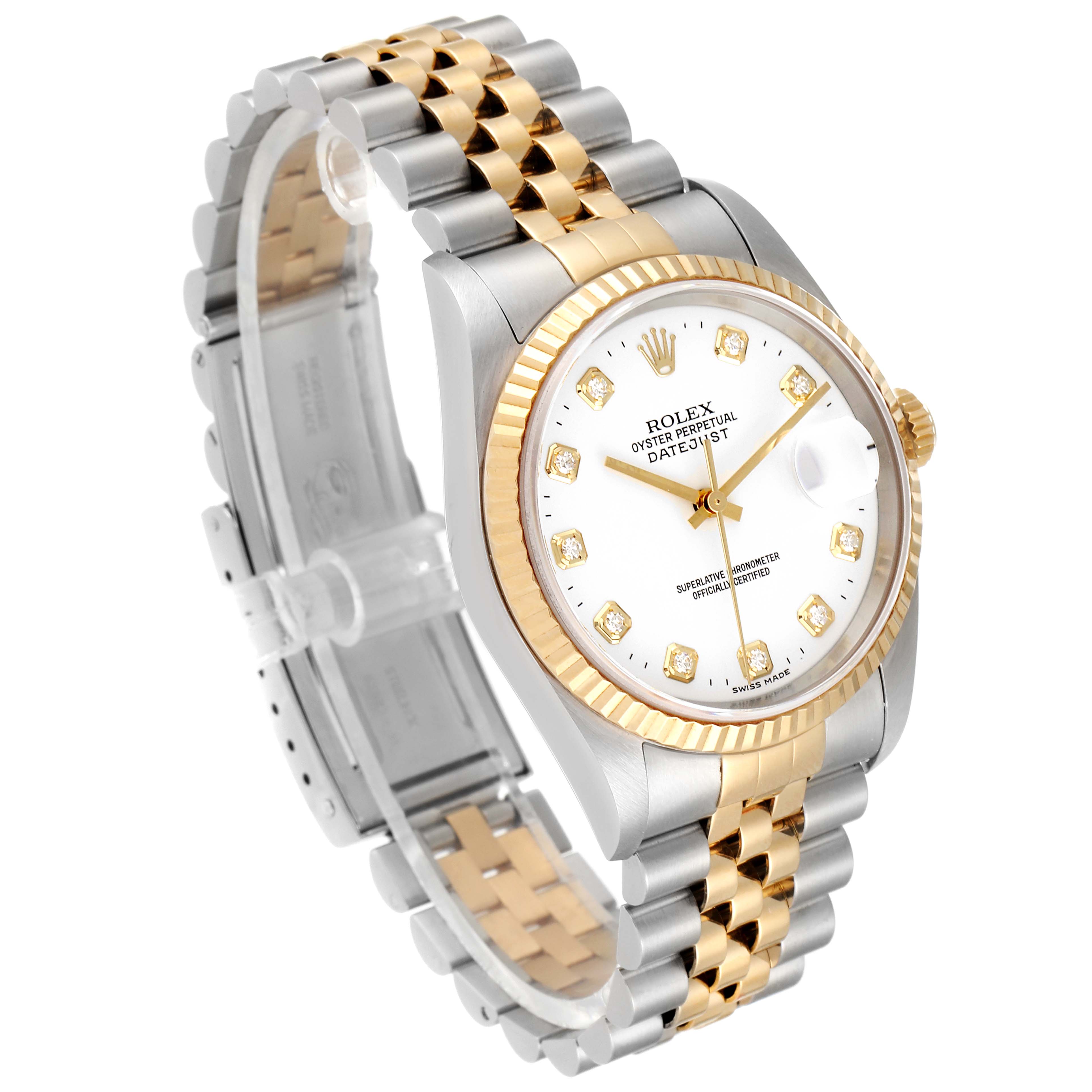 The Rolex Datejust 16233 Men's Steel and Gold (two tone) White Dial 16233 Men's Steel and Gold (two tone) White Dial watch is shown at a slight angle, highlighting the dial, bezel, and two-tone bracelet.