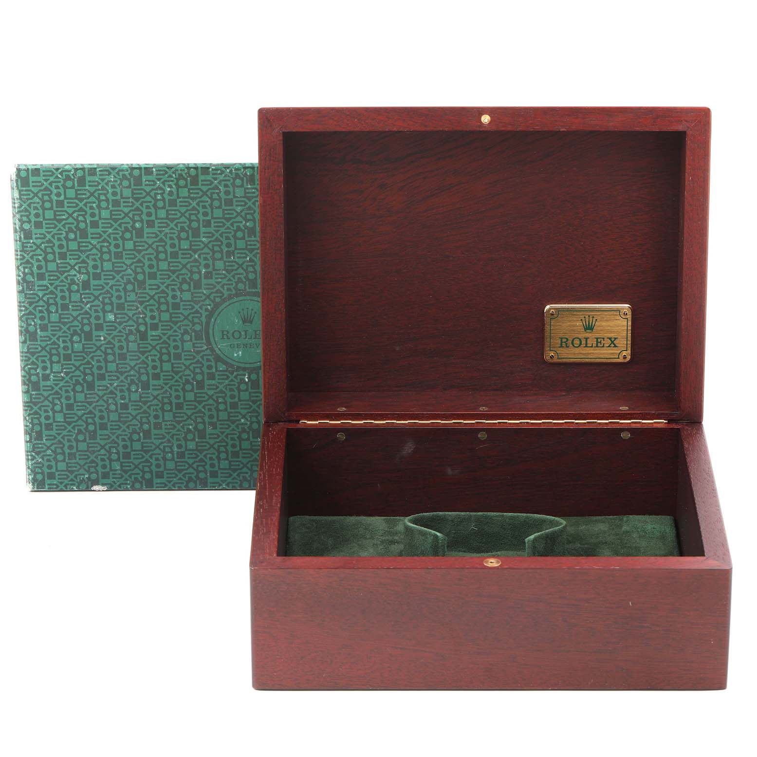 This image shows an open wooden box with a green interior and Rolex plaque, likely used for the Rolex Daytona 16523 Men's Steel and Gold (two tone) White Dial 16523 Men's Steel and Gold (two tone) White Dial model watch.