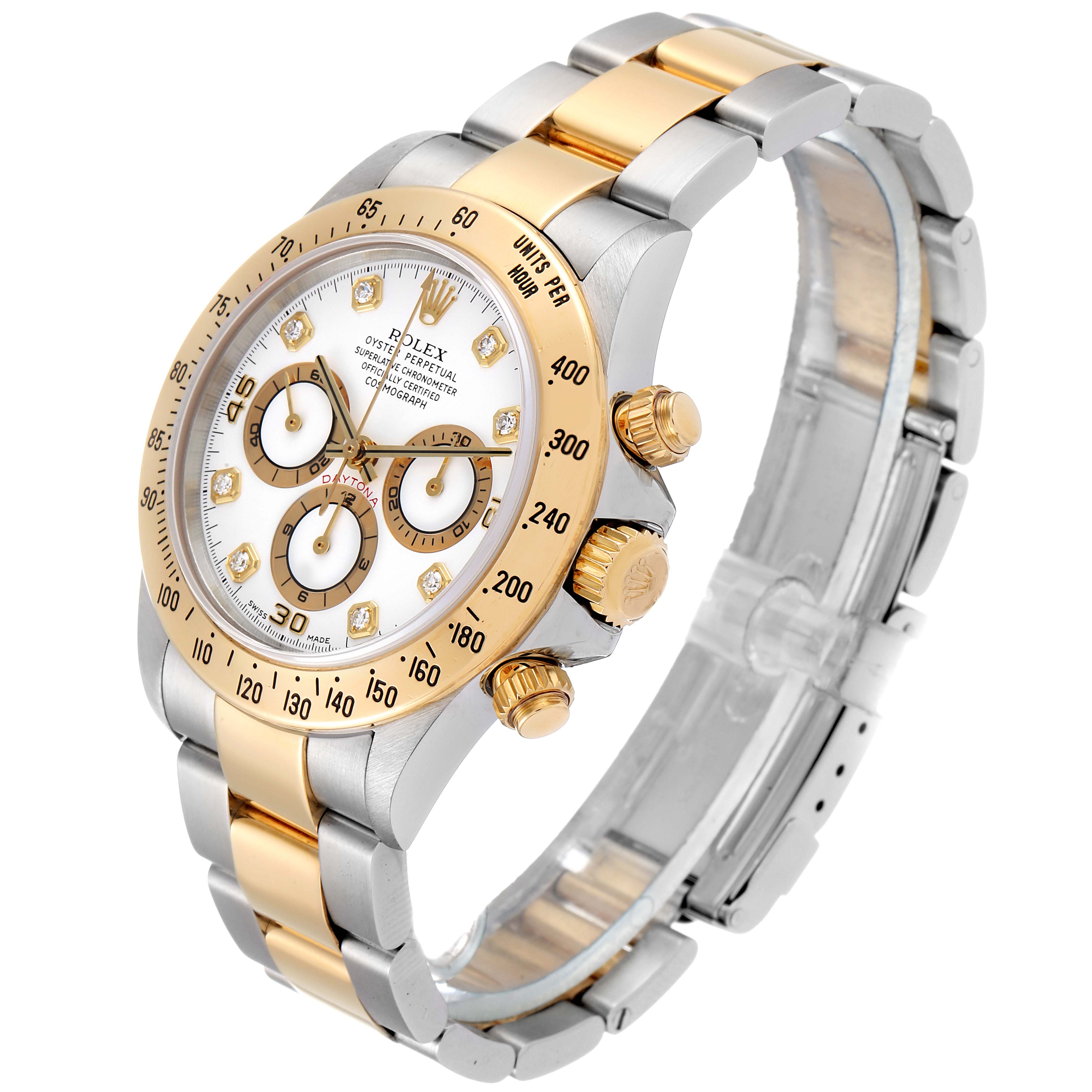 The image shows a Rolex Daytona 16523 Men's Steel and Gold (two tone) White Dial 16523 Men's Steel and Gold (two tone) White Dial watch at an angled view, highlighting its gold and silver bracelet, bezel, chronograph dials, and crown.