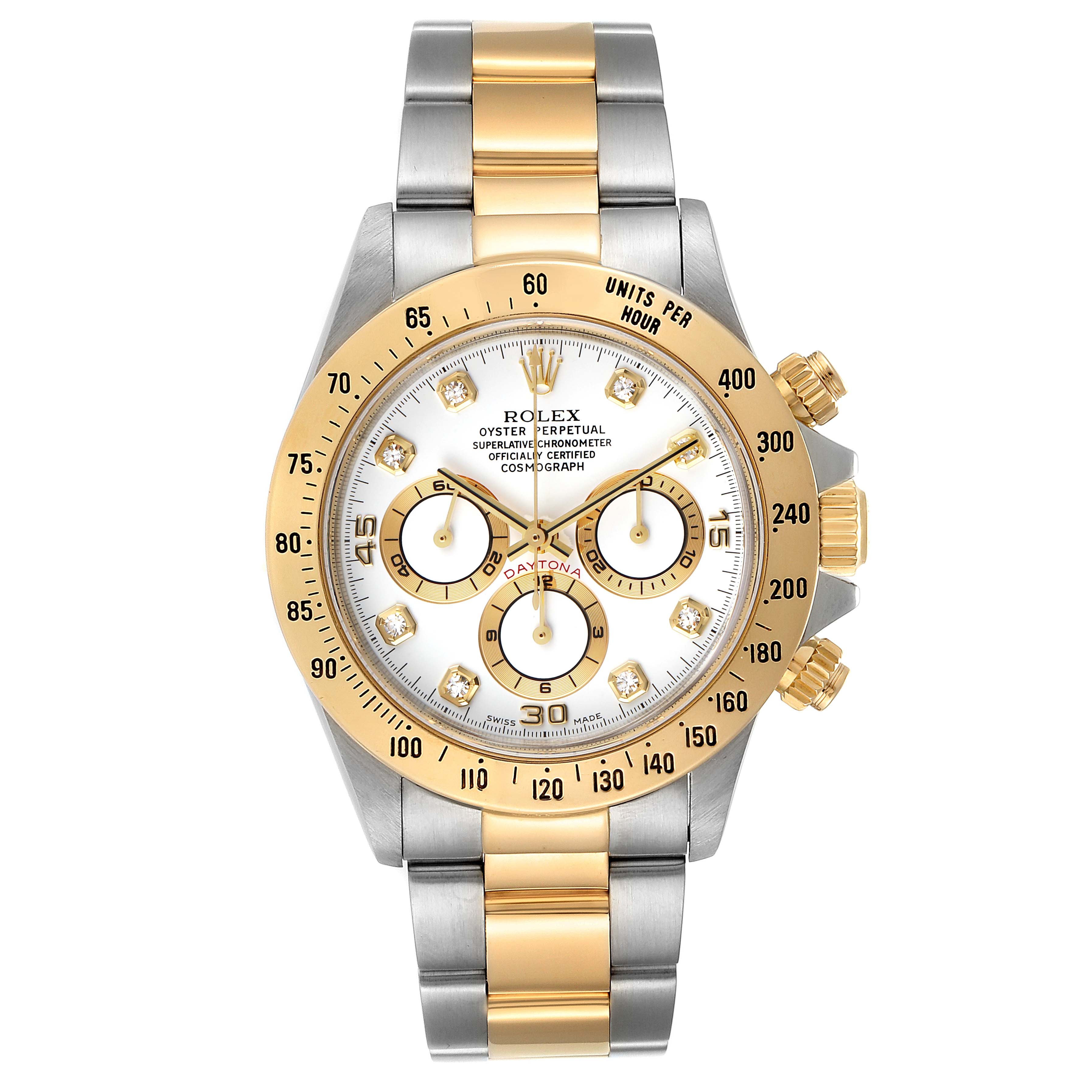 The image shows a front view of the Rolex Daytona 16523 Men's Steel and Gold (two tone) White Dial 16523 Men's Steel and Gold (two tone) White Dial watch, highlighting the dial, bezel, and bracelet.