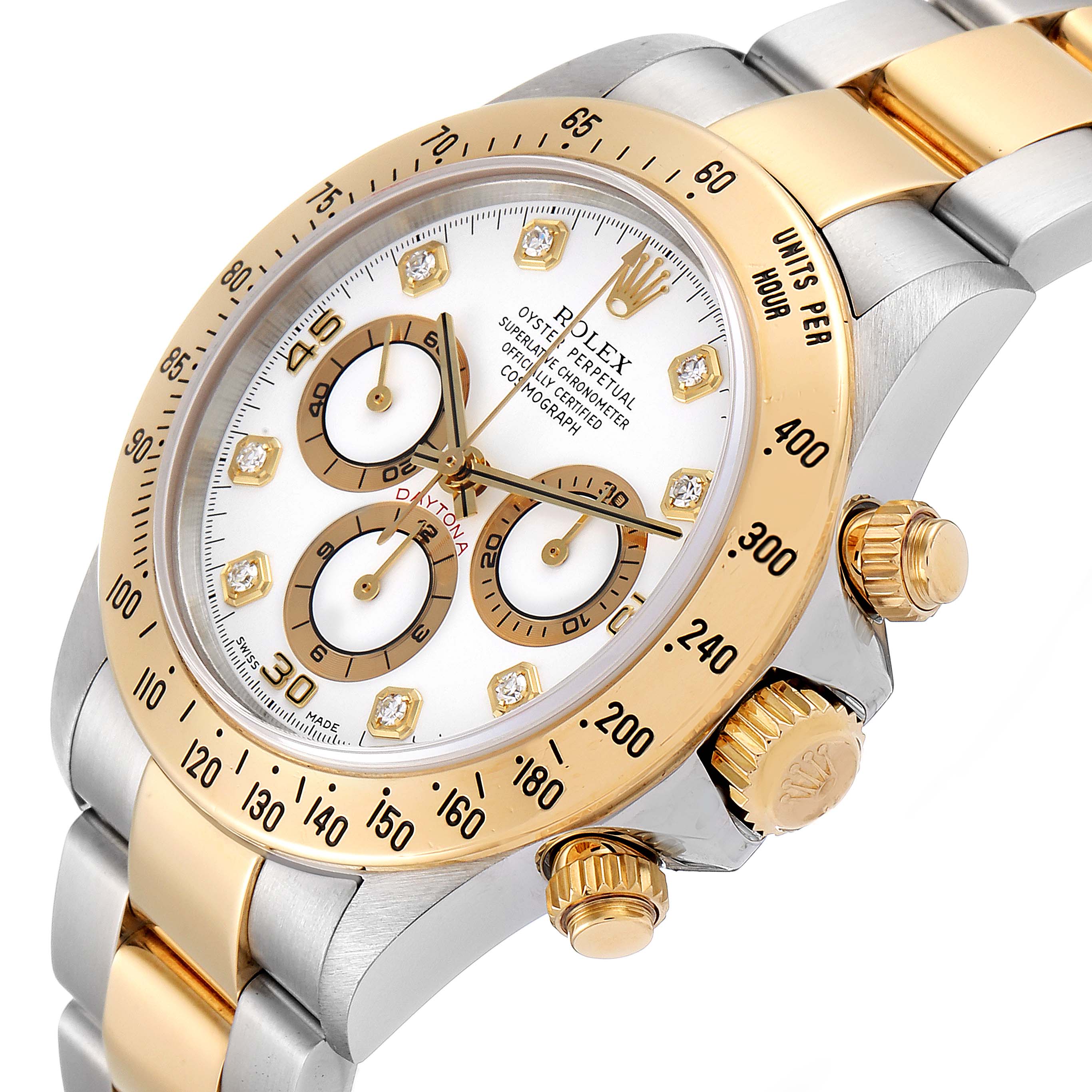 This is a close-up angle of a Rolex Daytona 16523 Men's Steel and Gold (two tone) White Dial 16523 Men's Steel and Gold (two tone) White Dial watch, showcasing the bezel, dial, chronograph sub-dials, and crown with pushers.