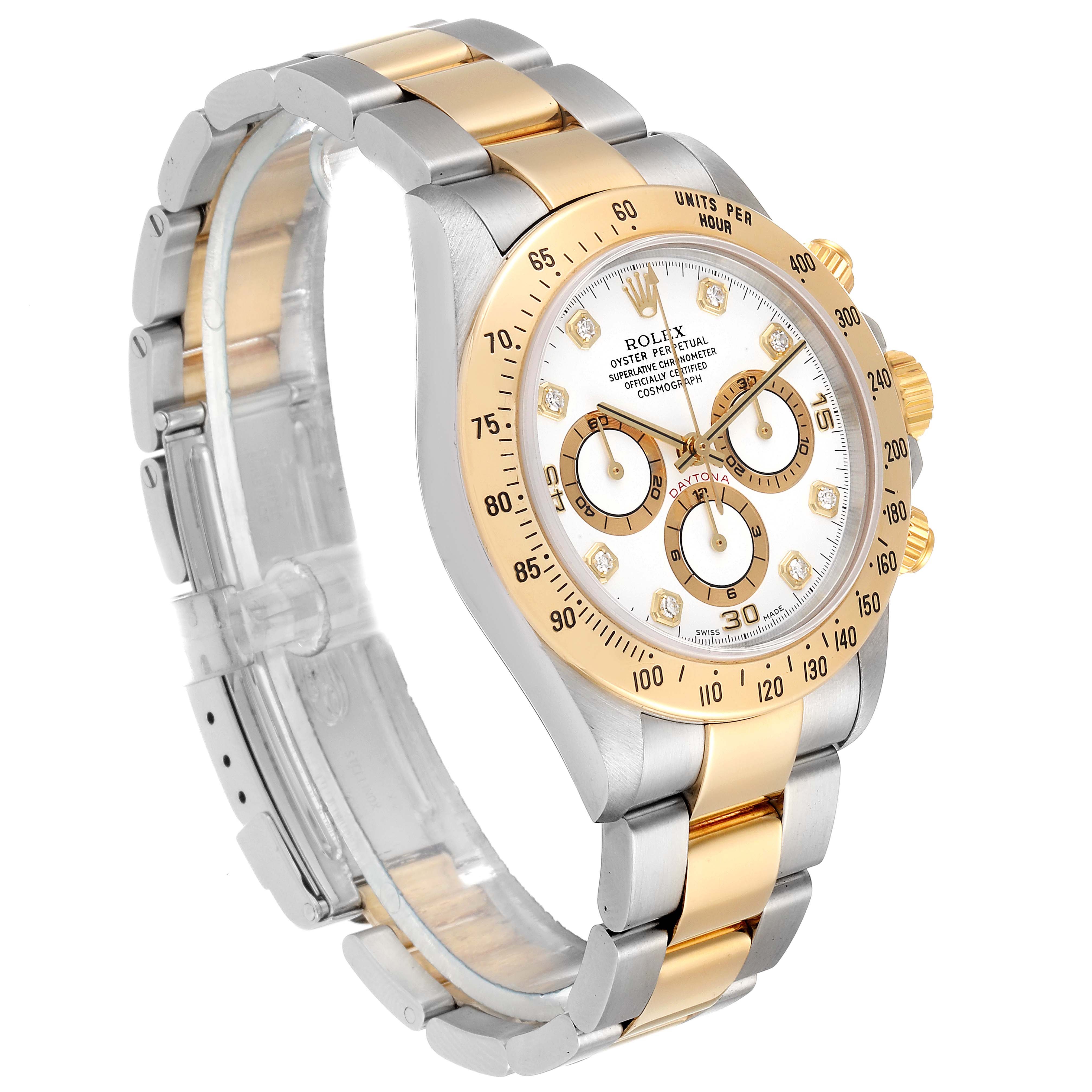 The Rolex Daytona 16523 Men's Steel and Gold (two tone) White Dial 16523 Men's Steel and Gold (two tone) White Dial watch is shown at a side angle, highlighting the face, bezel, and two-tone bracelet.