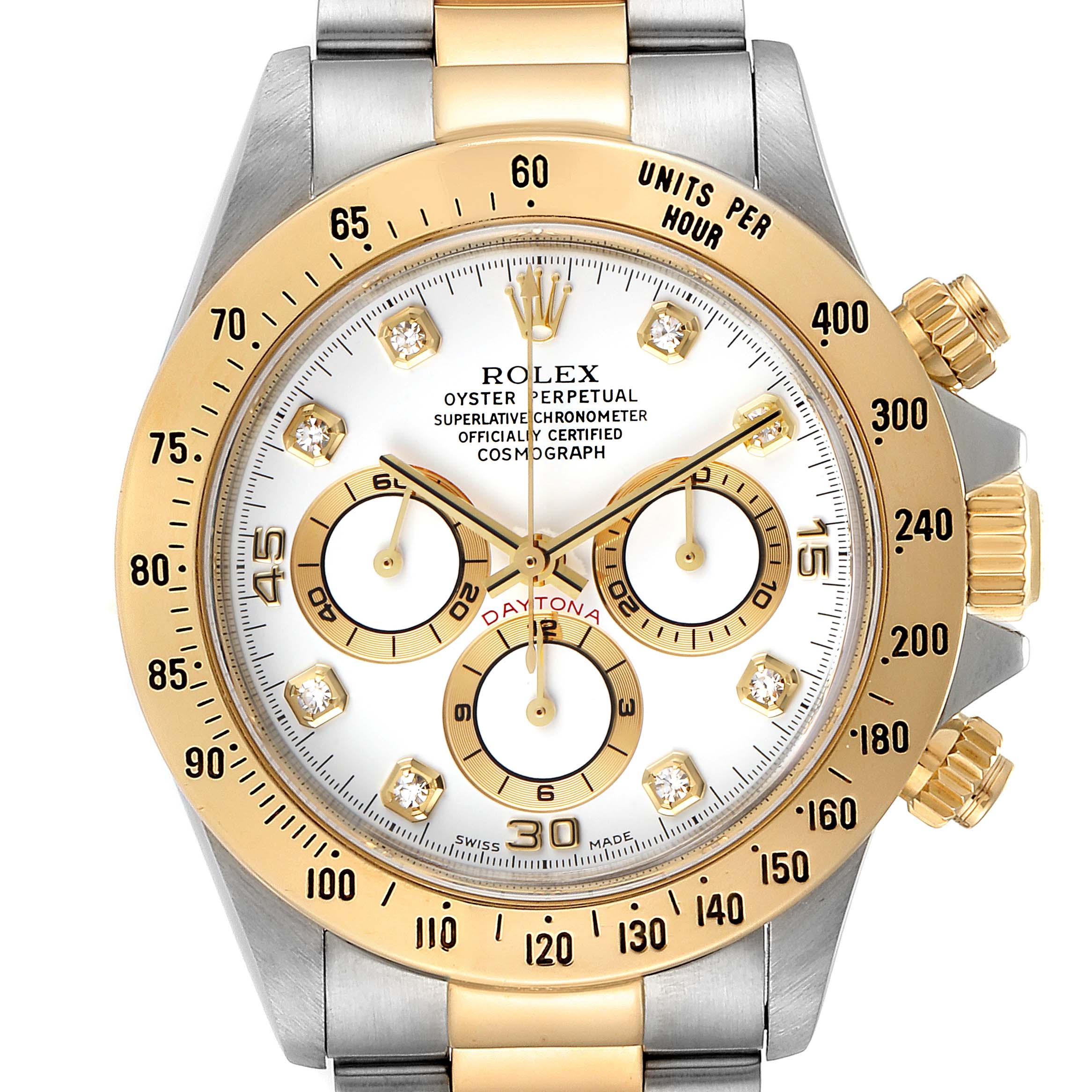The image shows a front-facing view of the Rolex Daytona 16523 Men's Steel and Gold (two tone) White Dial 16523 Men's Steel and Gold (two tone) White Dial watch, displaying the dial, markers, hands, and bezel.
